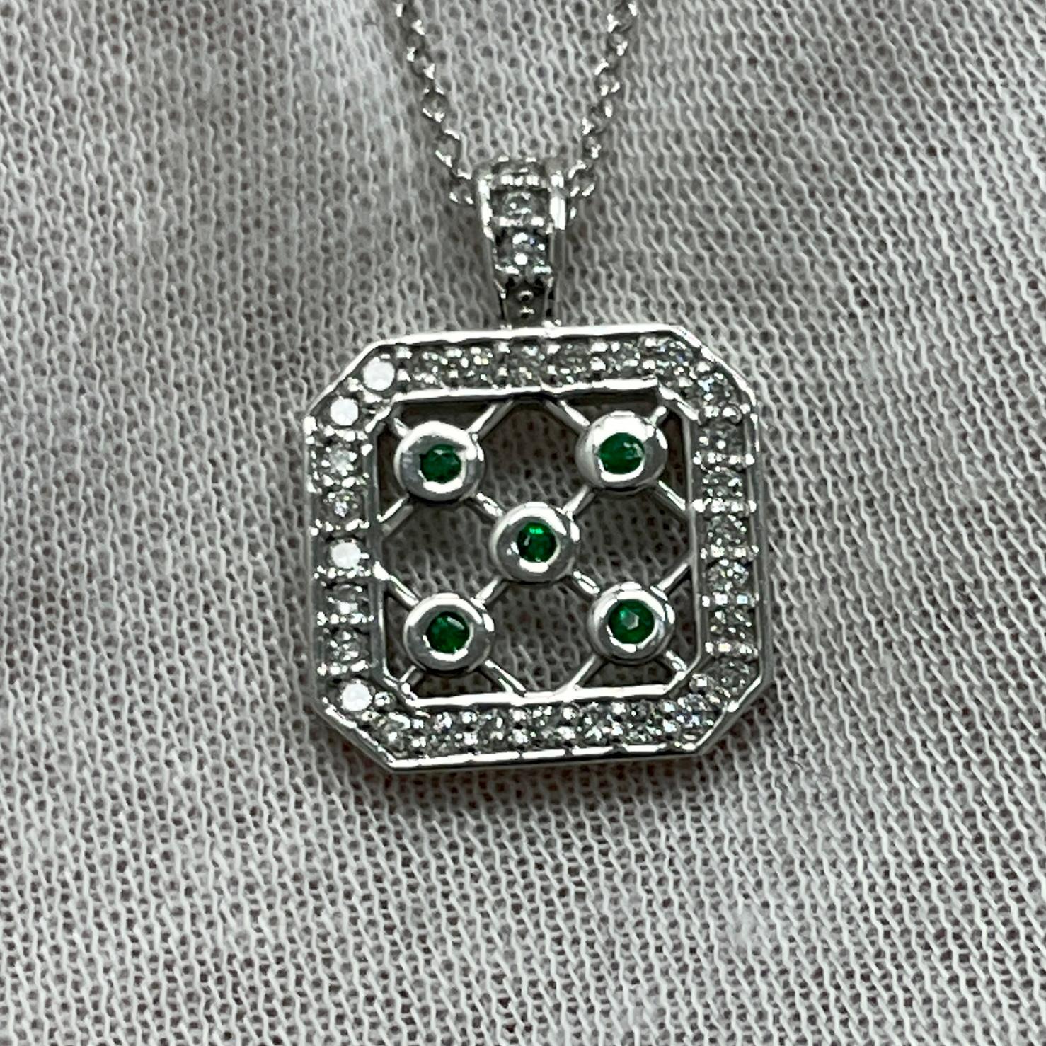.09Ct round 2MM emeralds in a diamond (0.09Ct) 14K white gold pendant