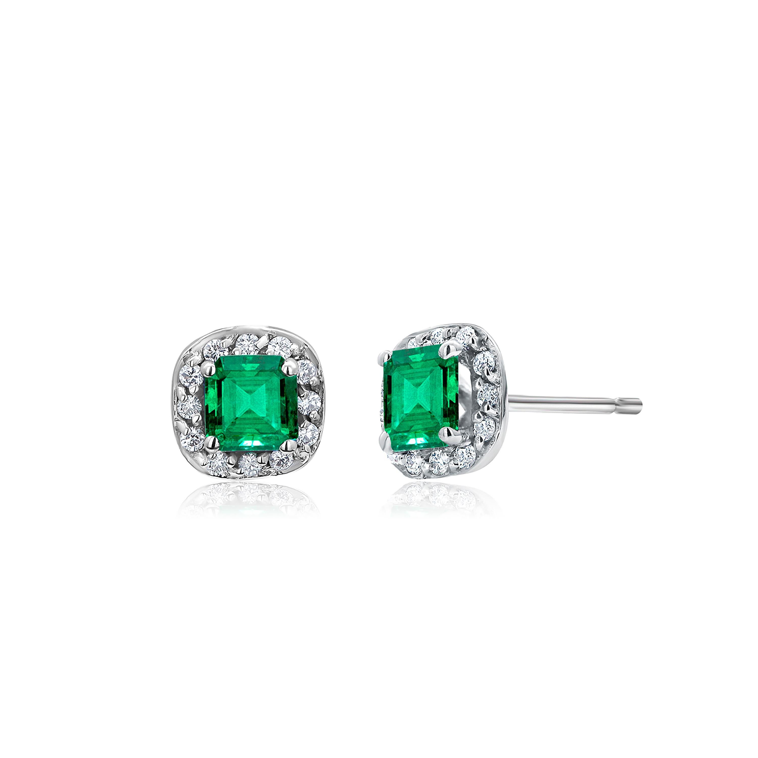 Emerald Cut Emerald Shaped Emerald and Diamond White Gold Square Shaped Stud Earrings