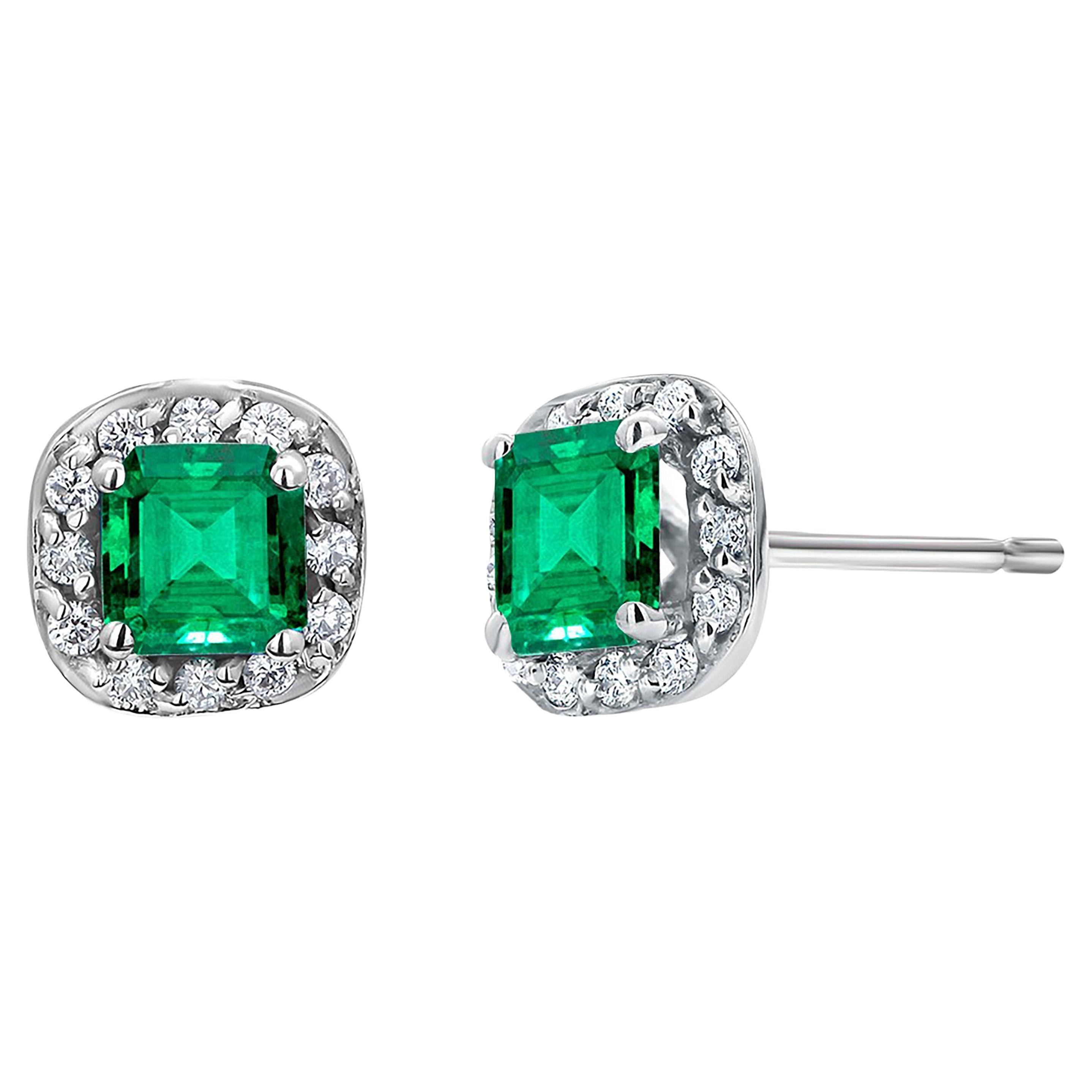 Emerald and Diamond White Gold Square Shaped Stud Earrings