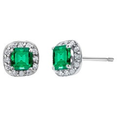 Emerald and Diamond White Gold Square Shaped Stud Earrings
