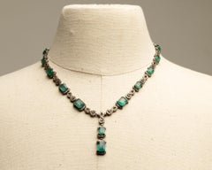 Emerald and Diamond Y-Drop Necklace in Sterling Silver, 21.51ct