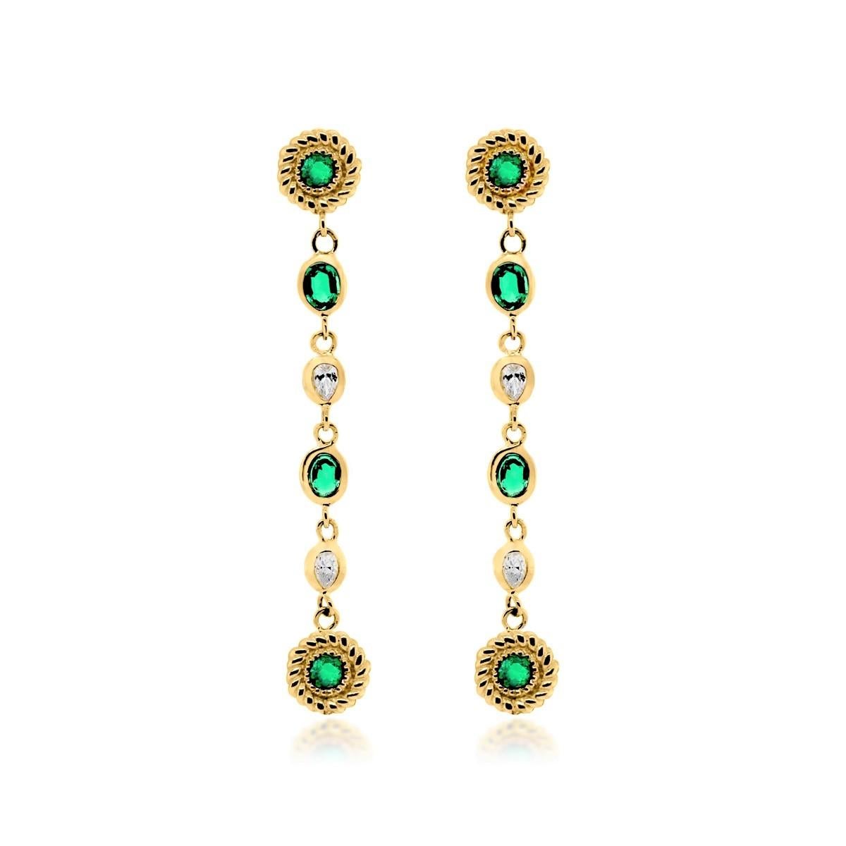 Round Cut Emeralds Pear Round Diamonds Braided Interlocking Yellow Gold Earrings 