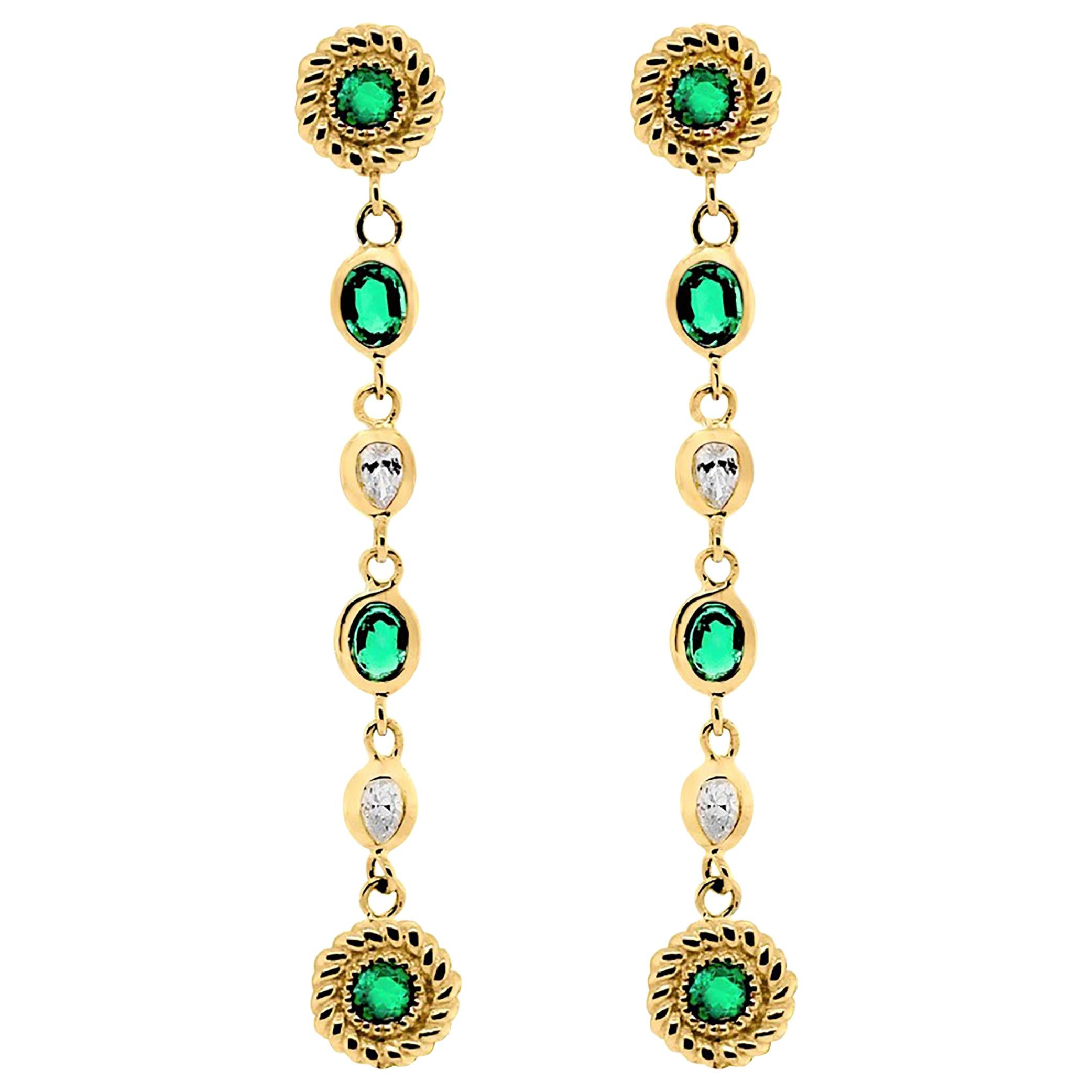 Emeralds Pear Round Diamonds Braided Interlocking Yellow Gold Earrings 