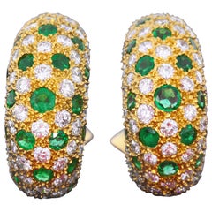 Emerald and Diamond Yellow Gold Ear Clips, circa 1970