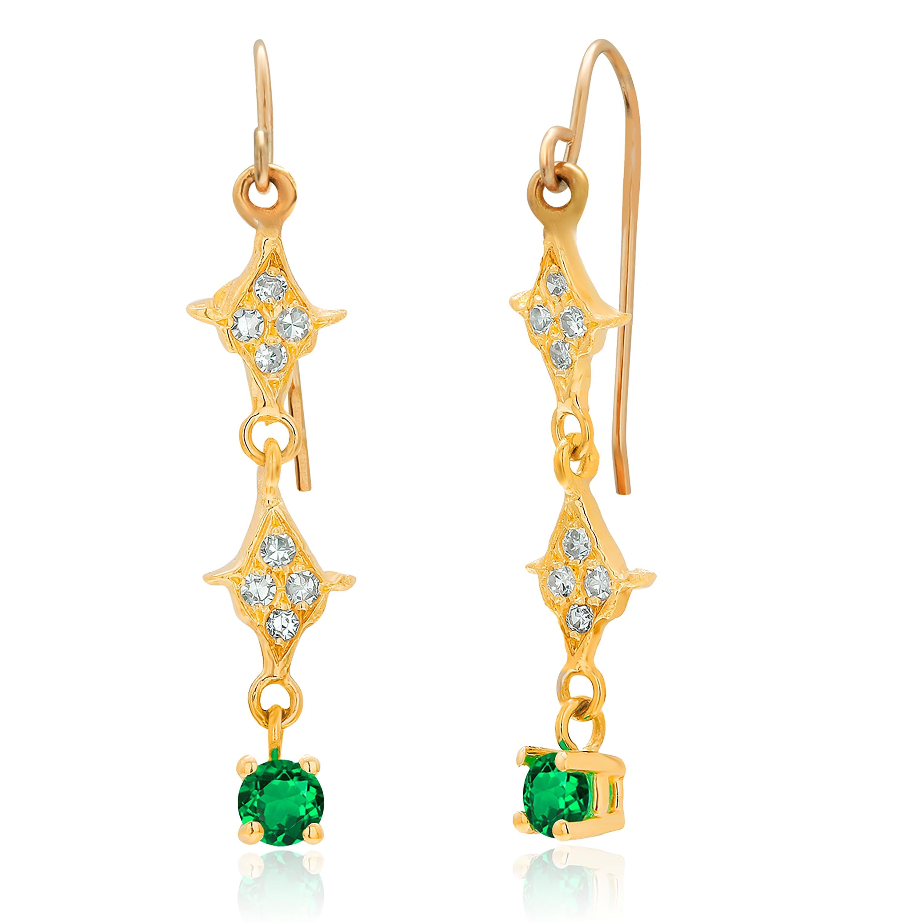 Contemporary Emerald and Diamond Yellow Gold Fish Hook Drop Earrings