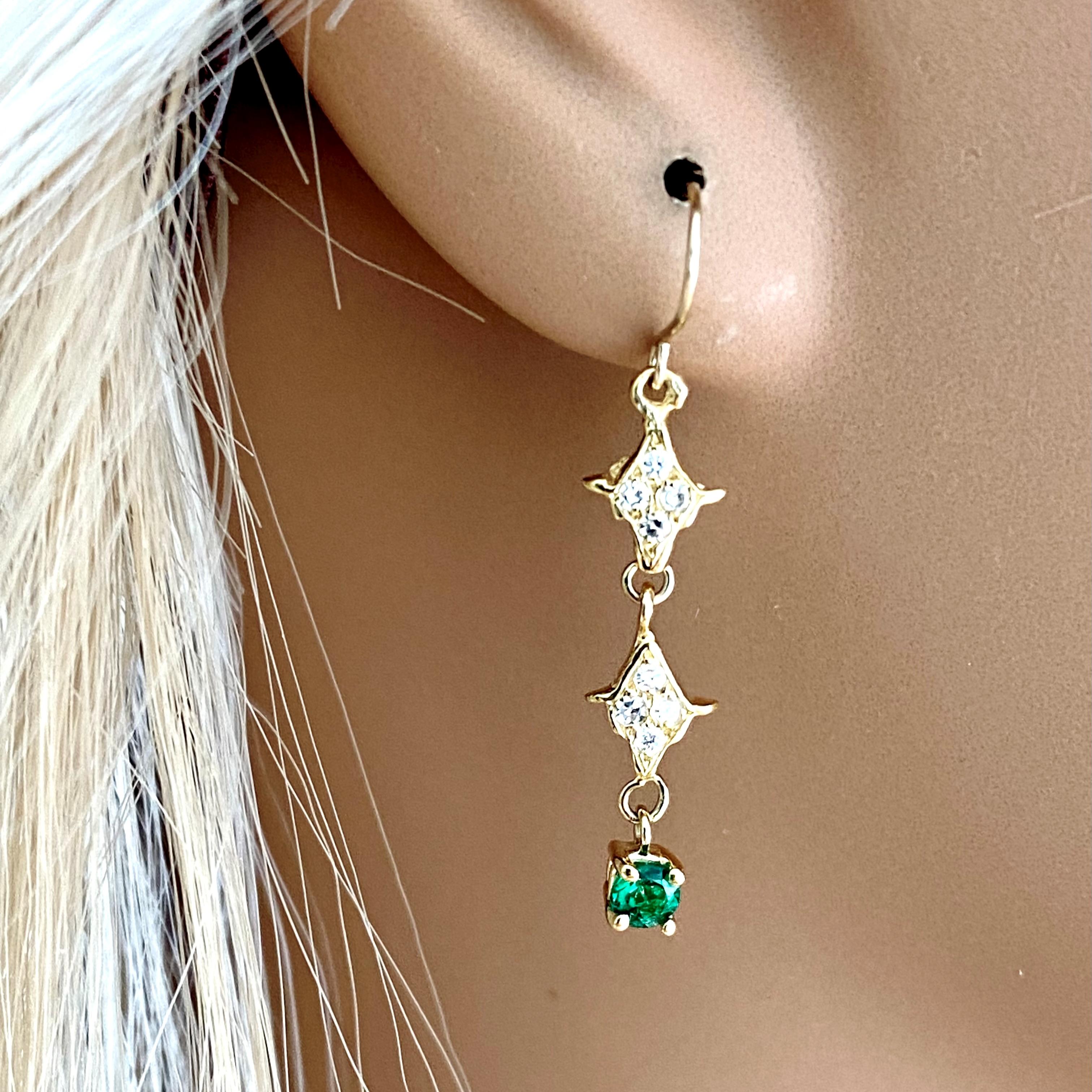 Round Cut Emerald and Diamond Yellow Gold Fish Hook Drop Earrings