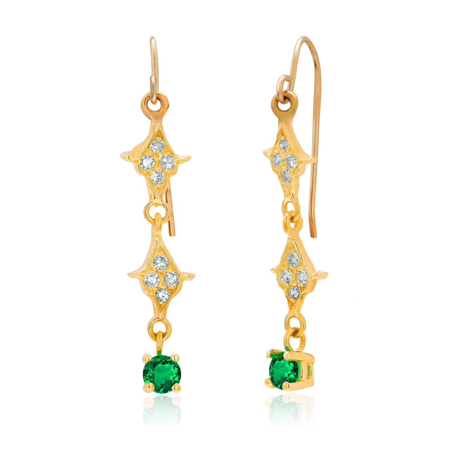 Emerald and Diamond Yellow Gold Fish Hook Drop Earrings In New Condition In New York, NY