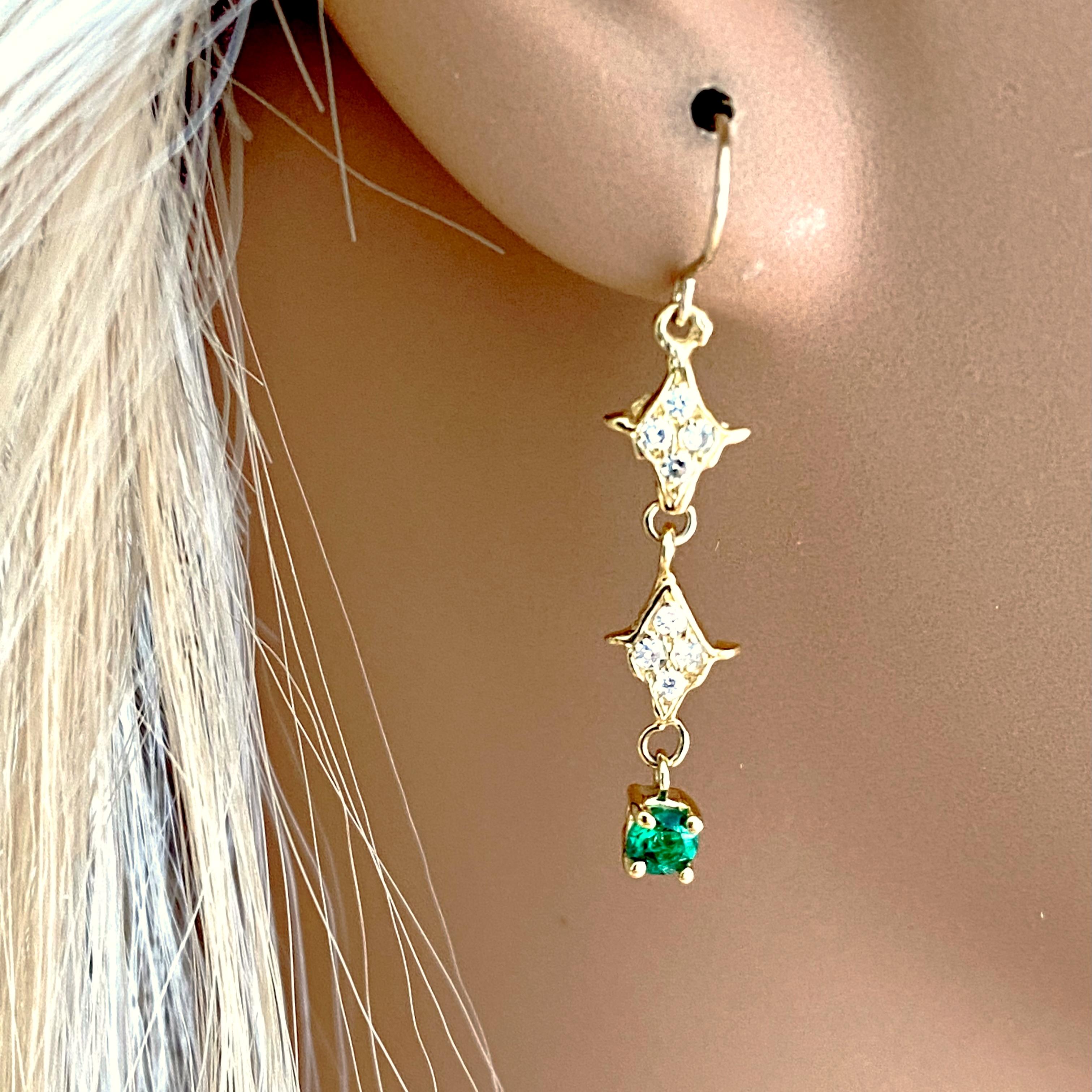 Women's or Men's Emerald and Diamond Yellow Gold Fish Hook Drop Earrings