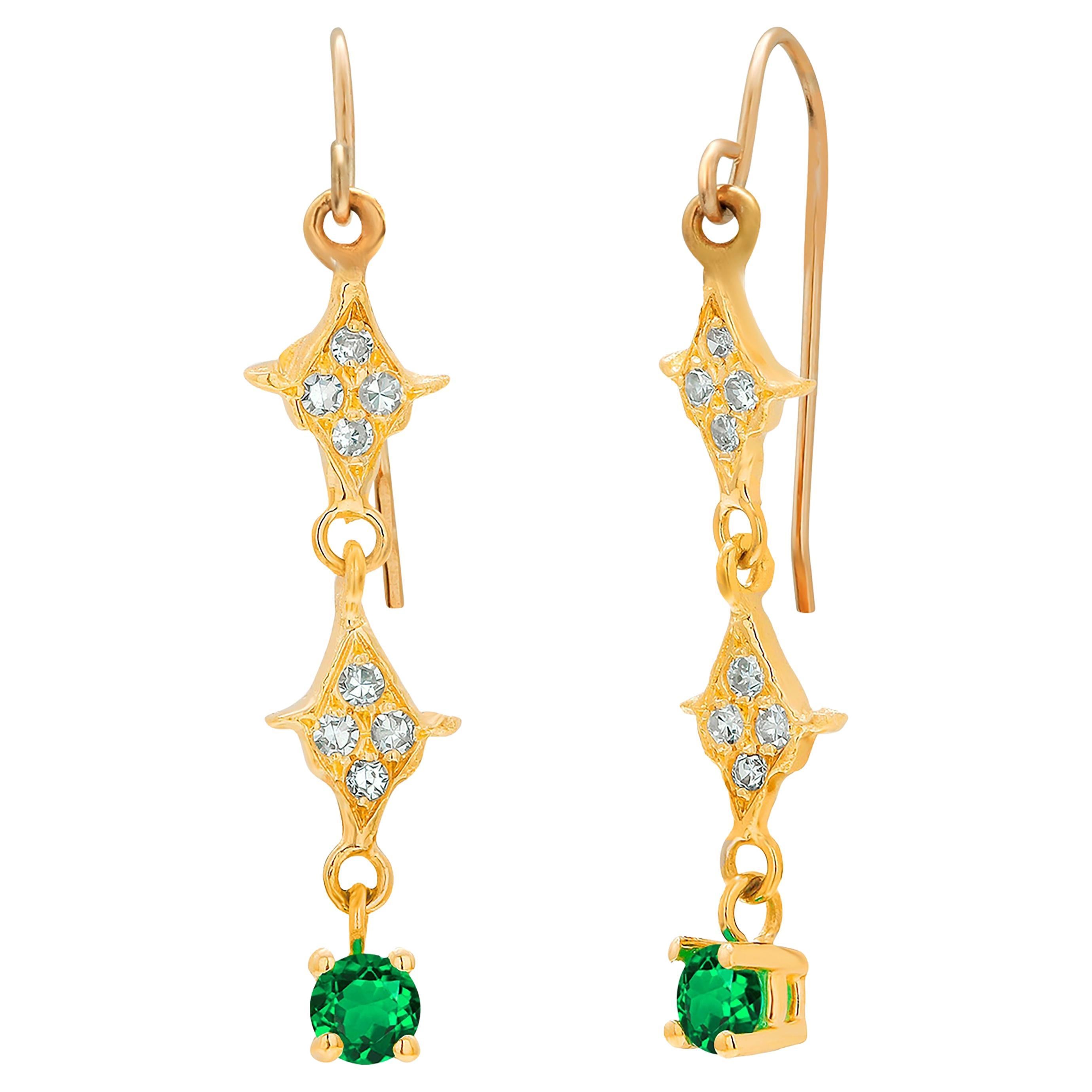 Emerald and Diamond Yellow Gold Fish Hook Drop Earrings