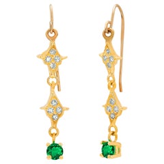 Emerald and Diamond Yellow Gold Fish Hook Drop Earrings