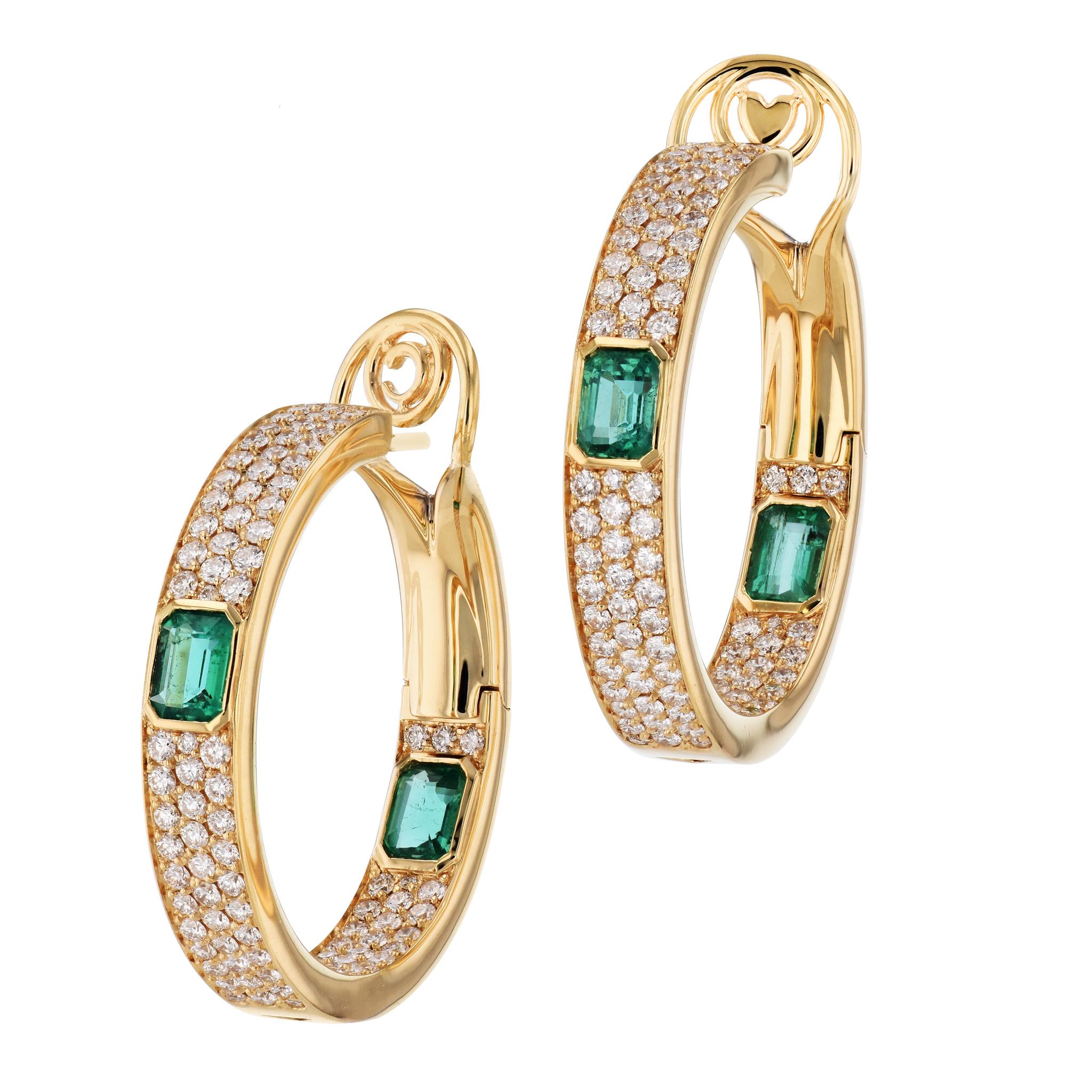 Emerald Cut Emerald and Diamond Yellow Gold Hoop Earrings For Sale