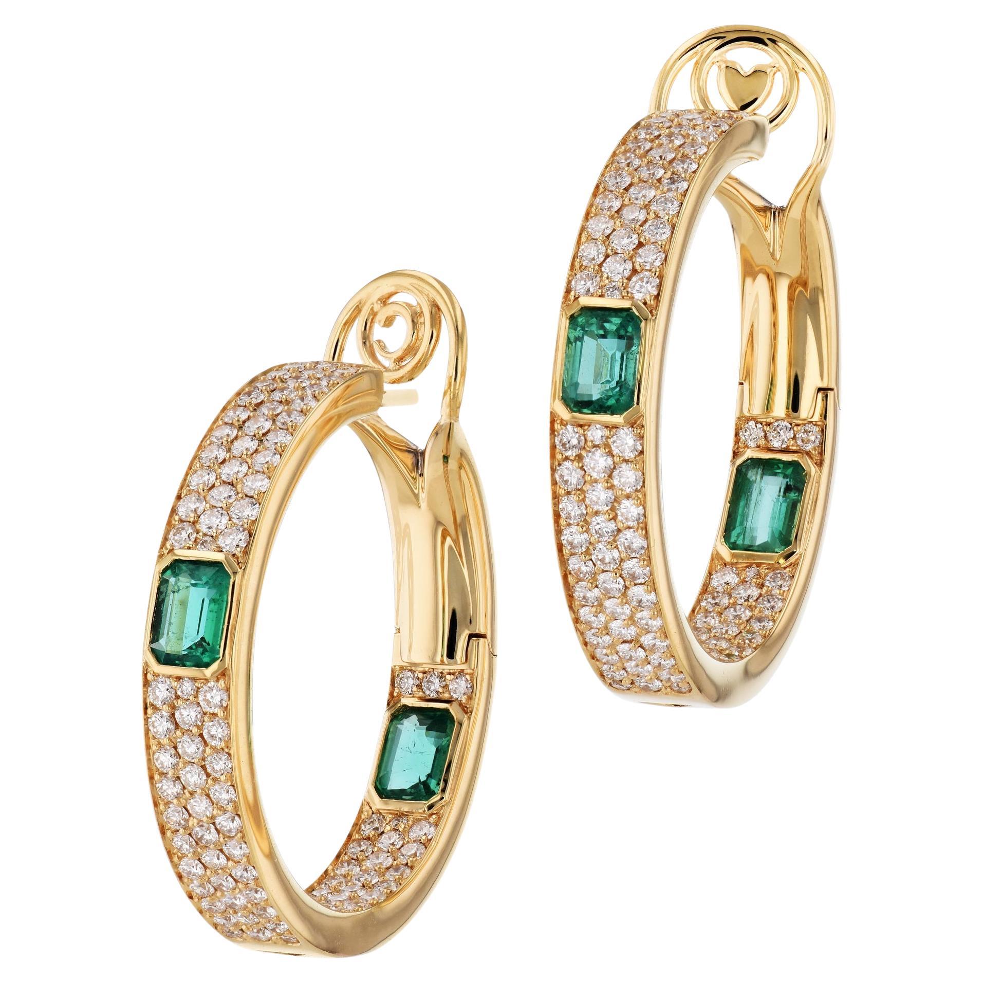 Emerald and Diamond Yellow Gold Hoop Earrings For Sale