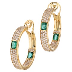 Emerald and Diamond Yellow Gold Hoop Earrings