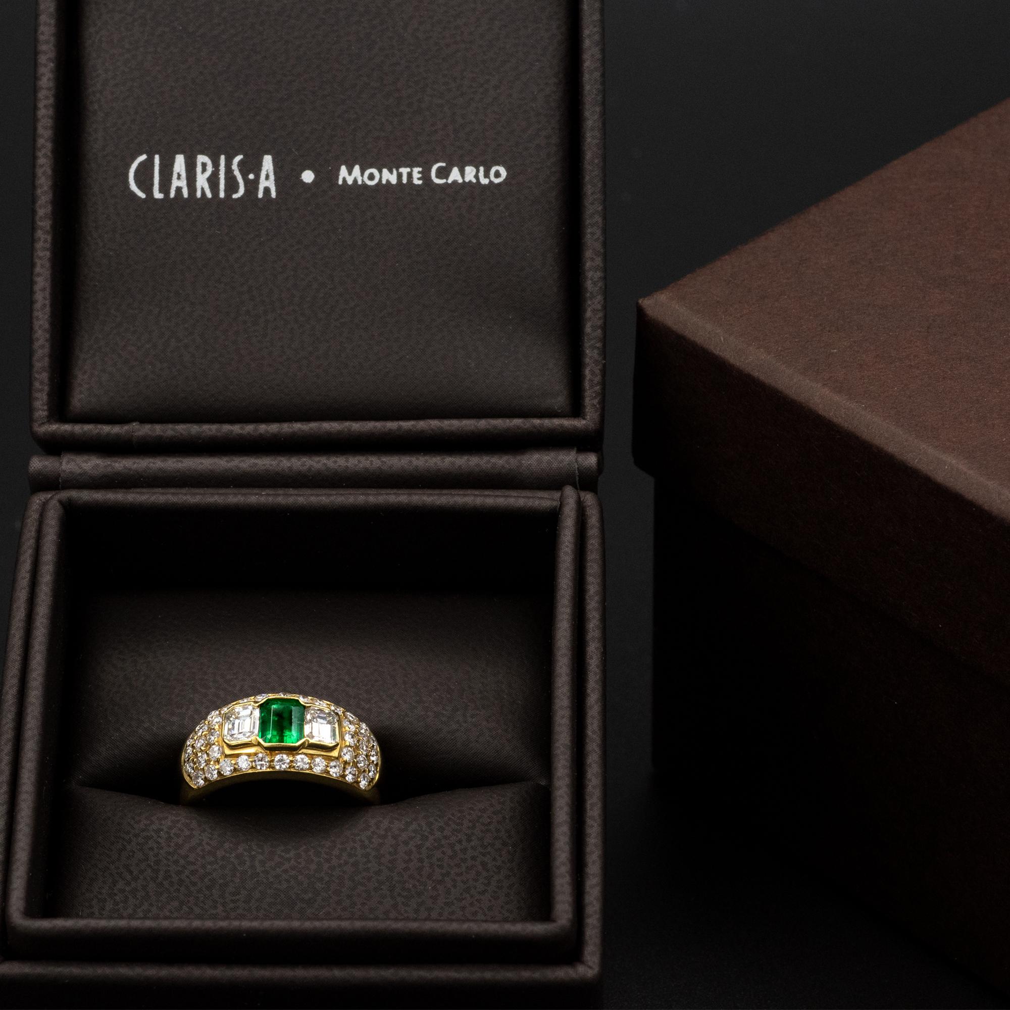 Emerald Cut Emerald and Diamond 18 Karat Yellow Gold Ring For Sale