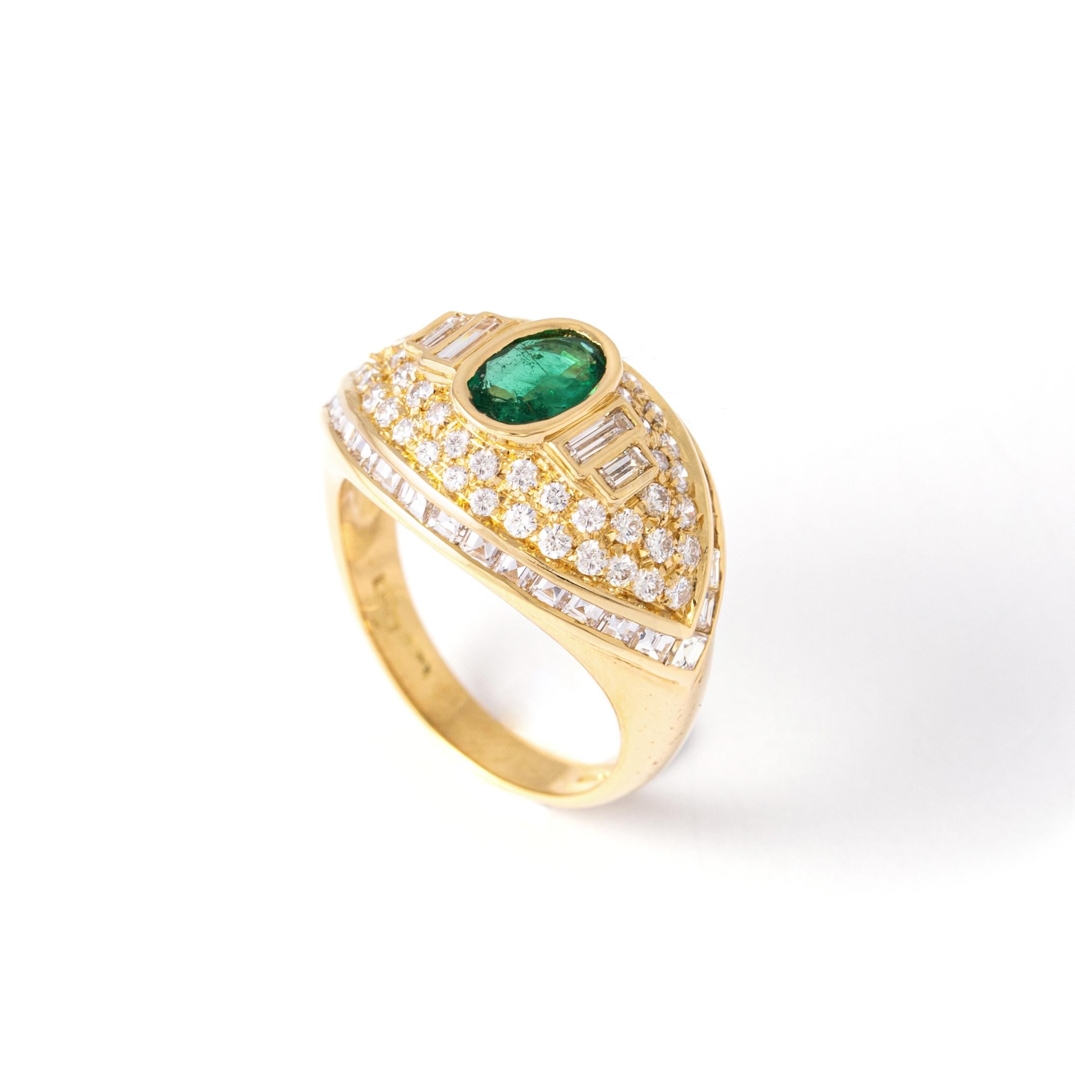 Women's Emerald and Diamond Yellow Gold Ring For Sale