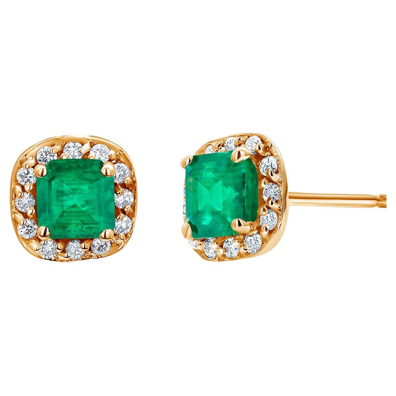 Emerald and Diamond Yellow Gold Square Shaped Stud Earrings