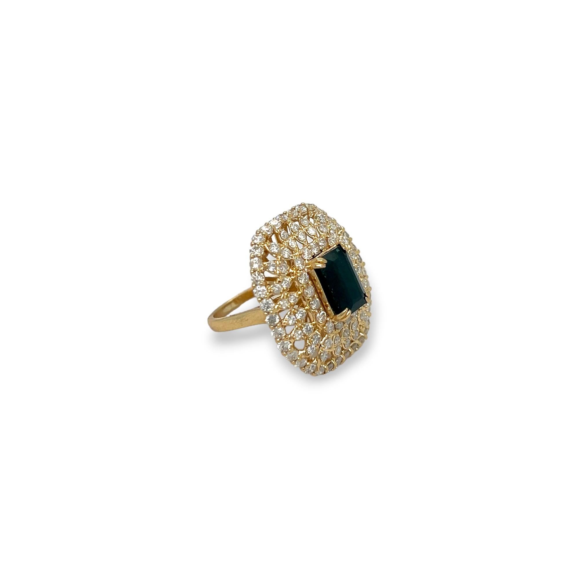 Emerald Cut Emerald and Diamond Yellow Gold Statement Ring For Sale