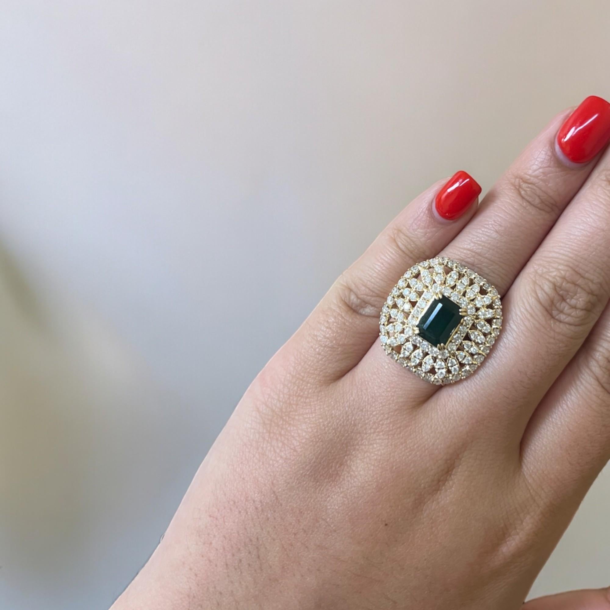 Emerald and Diamond Yellow Gold Statement Ring For Sale 1