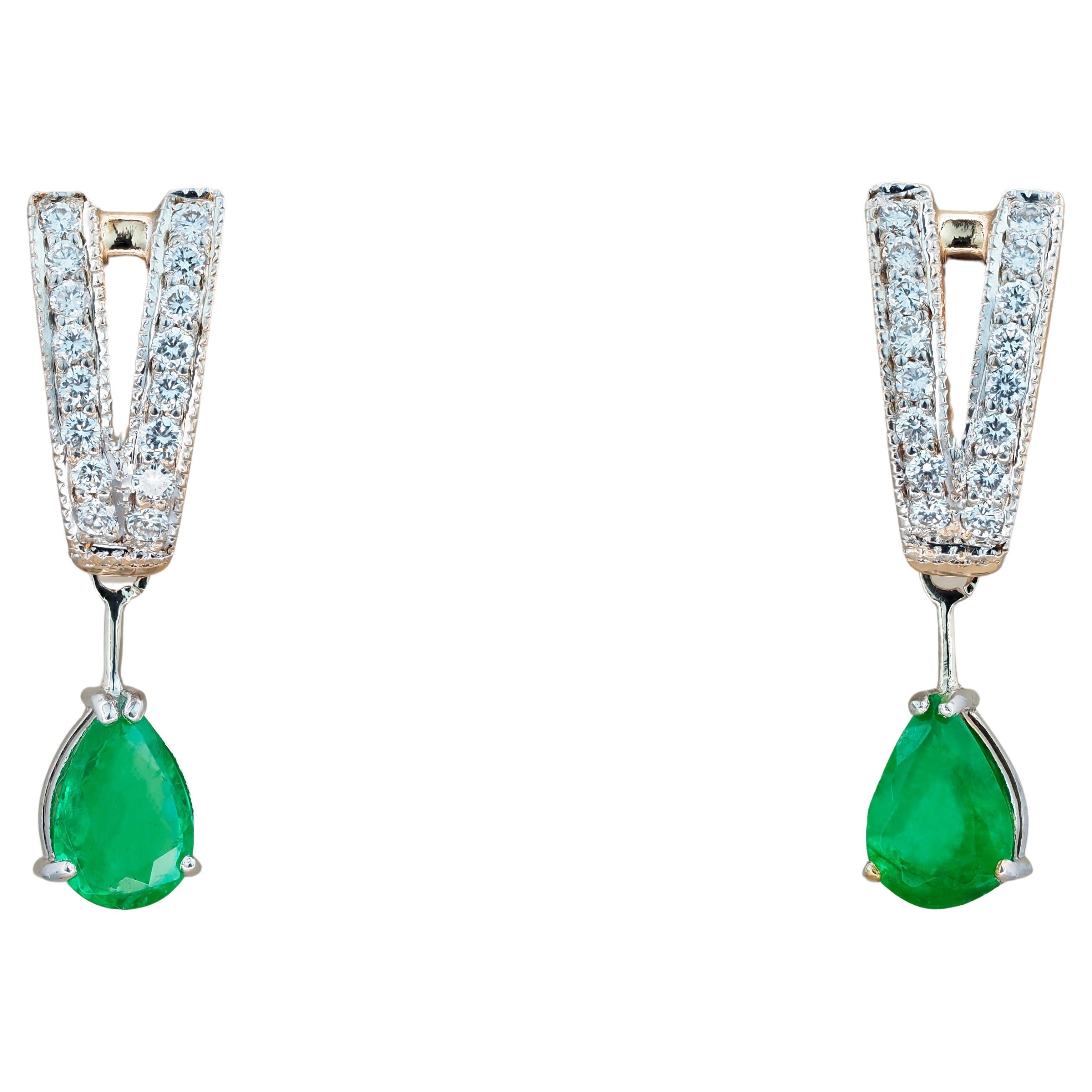 Emerald and diamonds 14k gold earrings.  For Sale