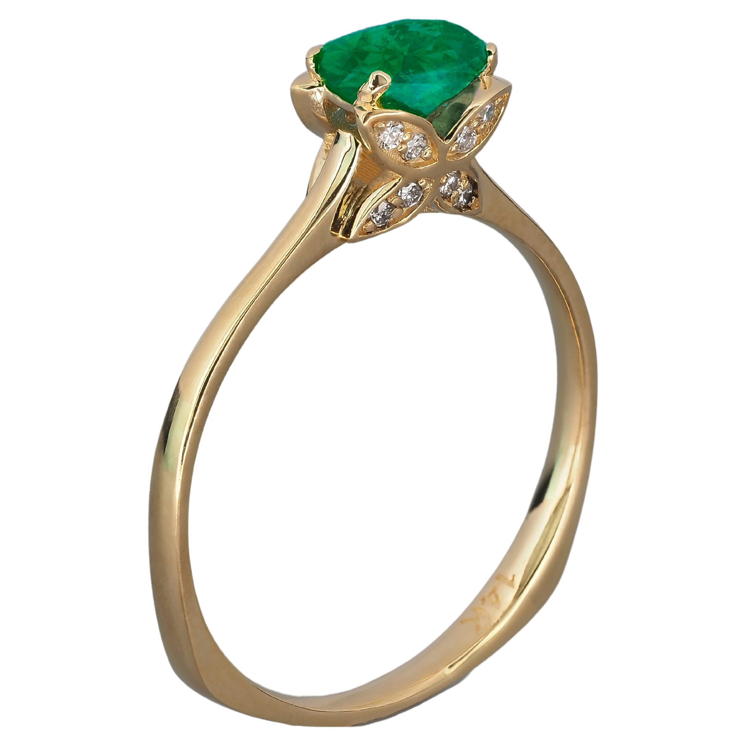 Emerald and Diamonds 14k Gold Ring, Butterfly Gold Ring