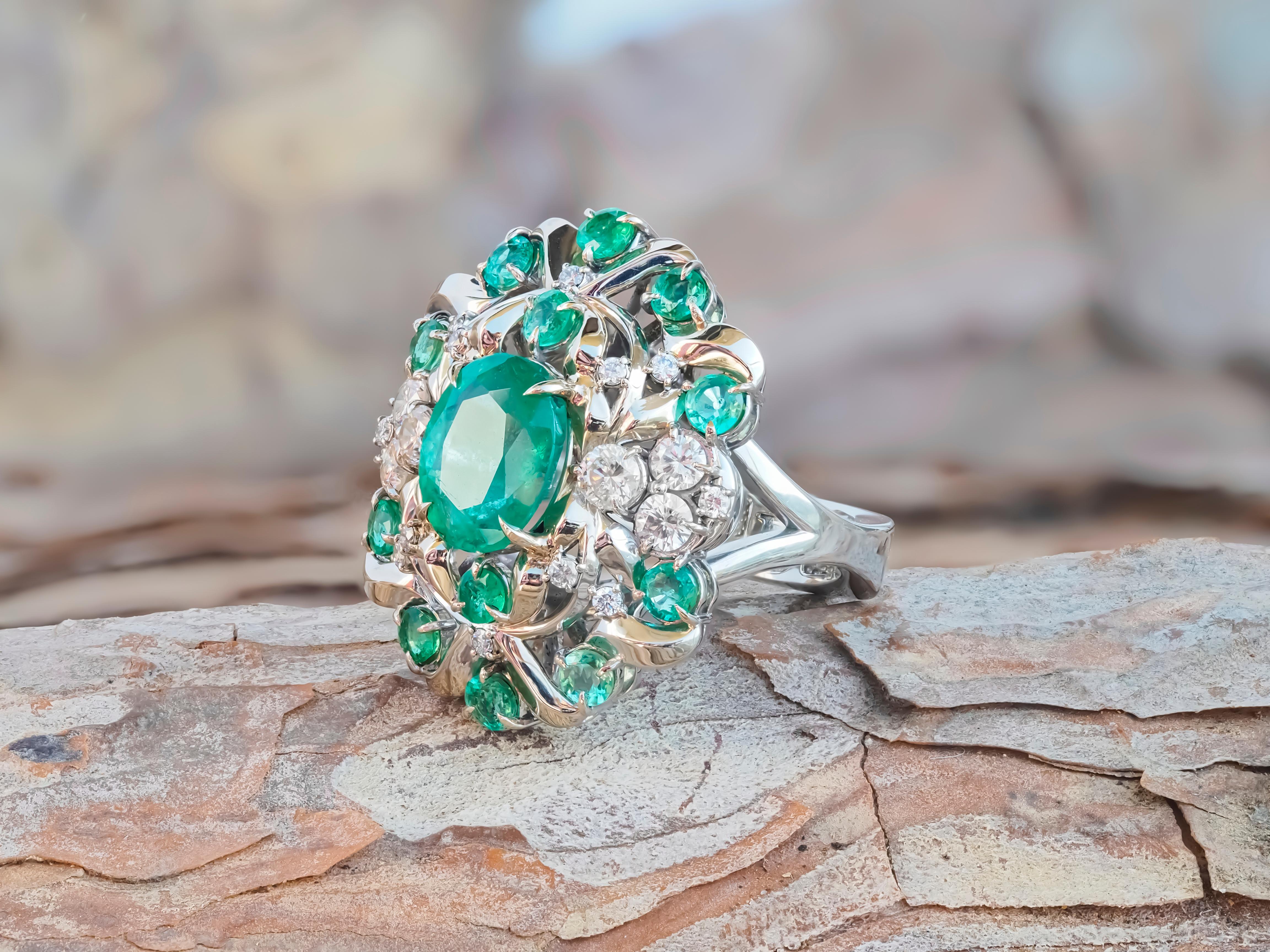 Emerald and Diamonds 14k Gold Ring, Certified Emerald Ring For Sale at