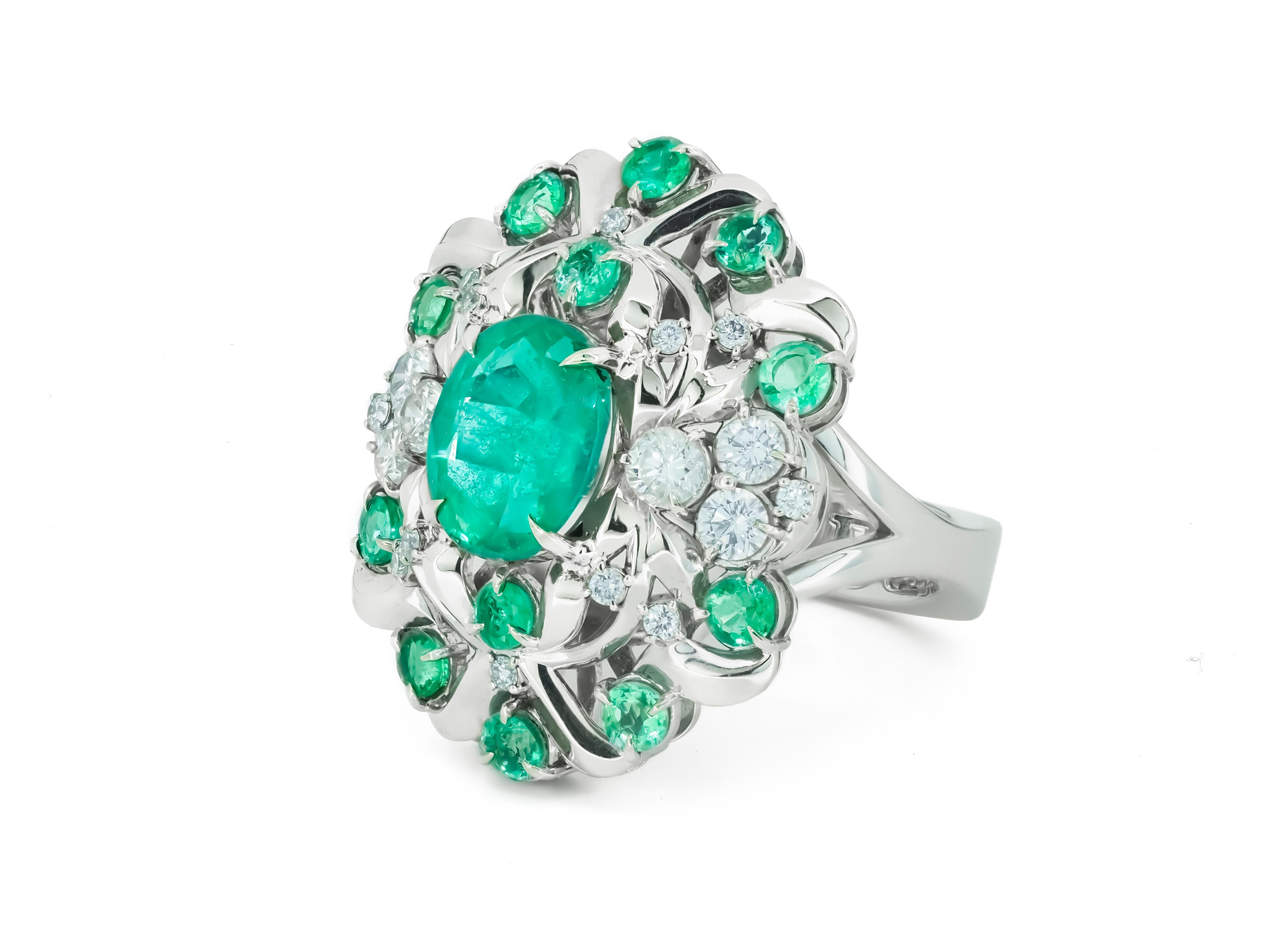 Emerald and Diamonds 14k Gold Ring, Certified Emerald Ring For Sale at