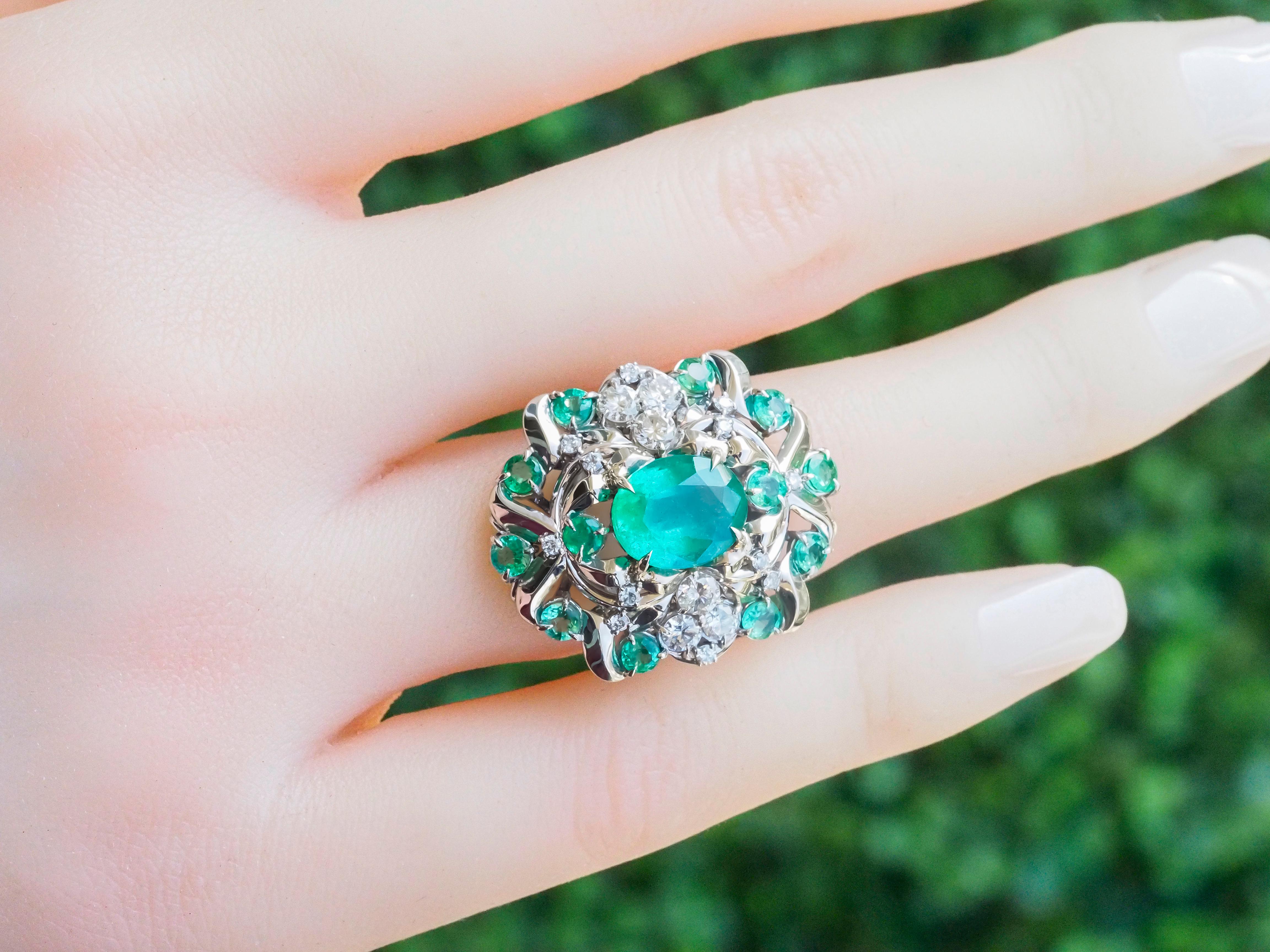 Emerald and Diamonds 14k Gold Ring, Certified Emerald Ring For Sale at