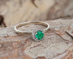 Emerald and Diamonds 14k gold ring.  Emerald Halo Gold Ring.