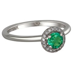 Emerald and Diamonds 14k gold ring.  Emerald Halo Gold Ring.