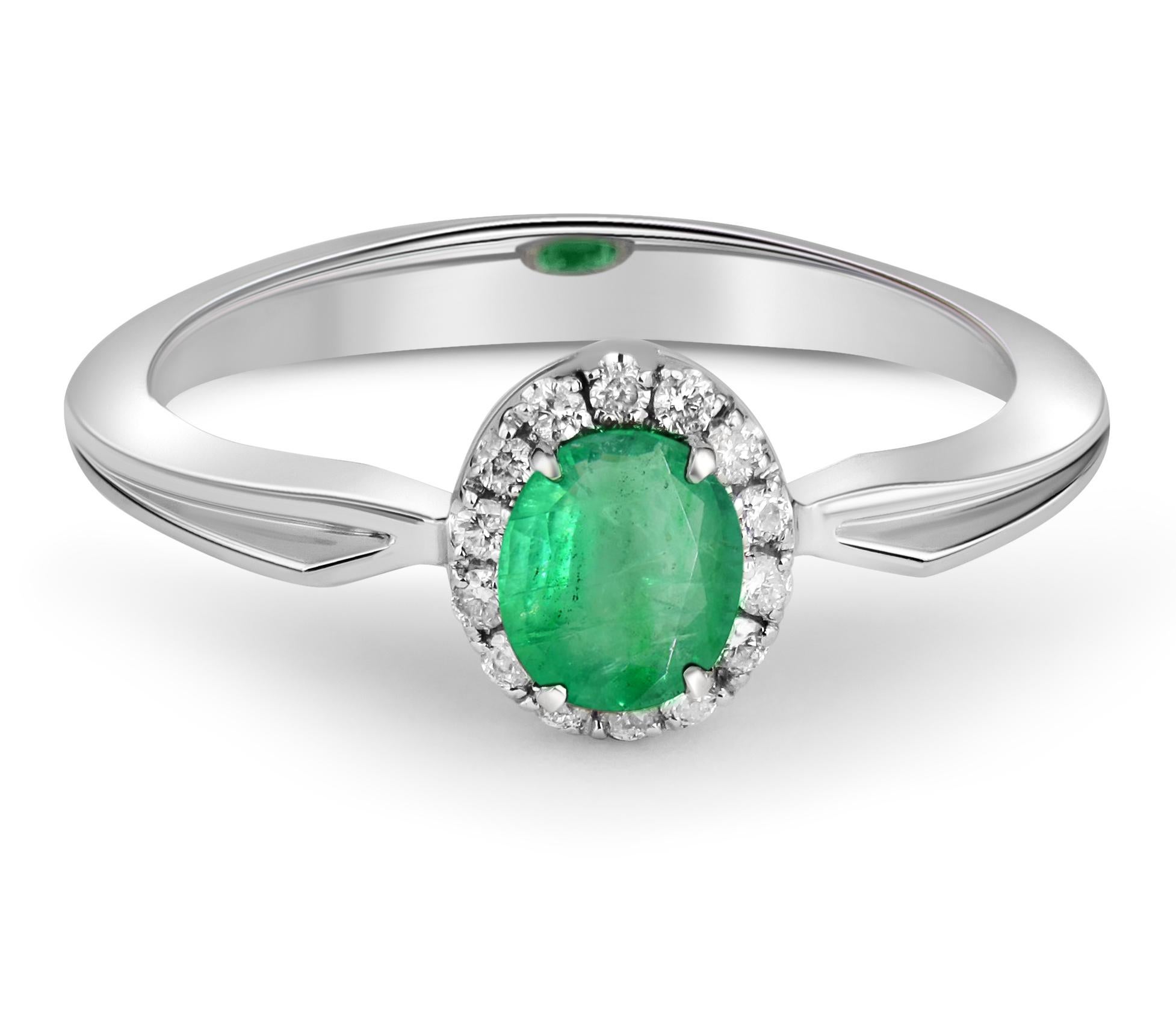 Emerald and diamonds 14k gold ring. 
Emerald engagement ring. Oval emerald ring. Emerald gold ring. Emerald vintage ring.

Metal type: gold
Metal stamp: 14k Gold
Weight: 2 g. depends from size.

Central gemstone:
Emerald: oval shape, green color, Si