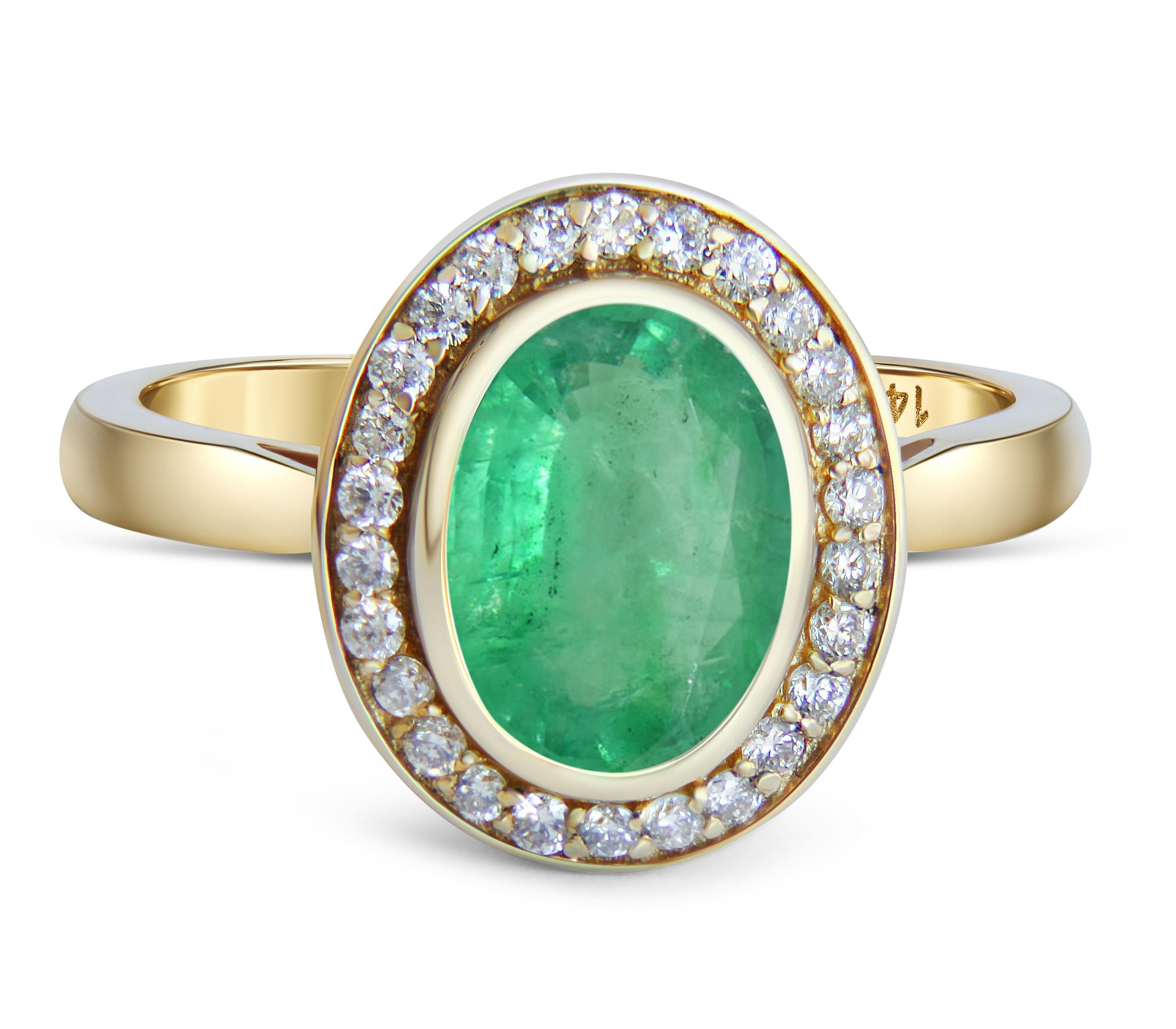 Emerald and diamonds 14k gold ring. 
Oval Emerald gold ring. Emerald diamond halo ring. Green gemstone ring. May birthstone ring.

Metal: 14k gold
Weight: 3 gr depends from size

Gemstones:
Emerald - 1 piece
Cut - oval
Color - green
Weight - 0.85