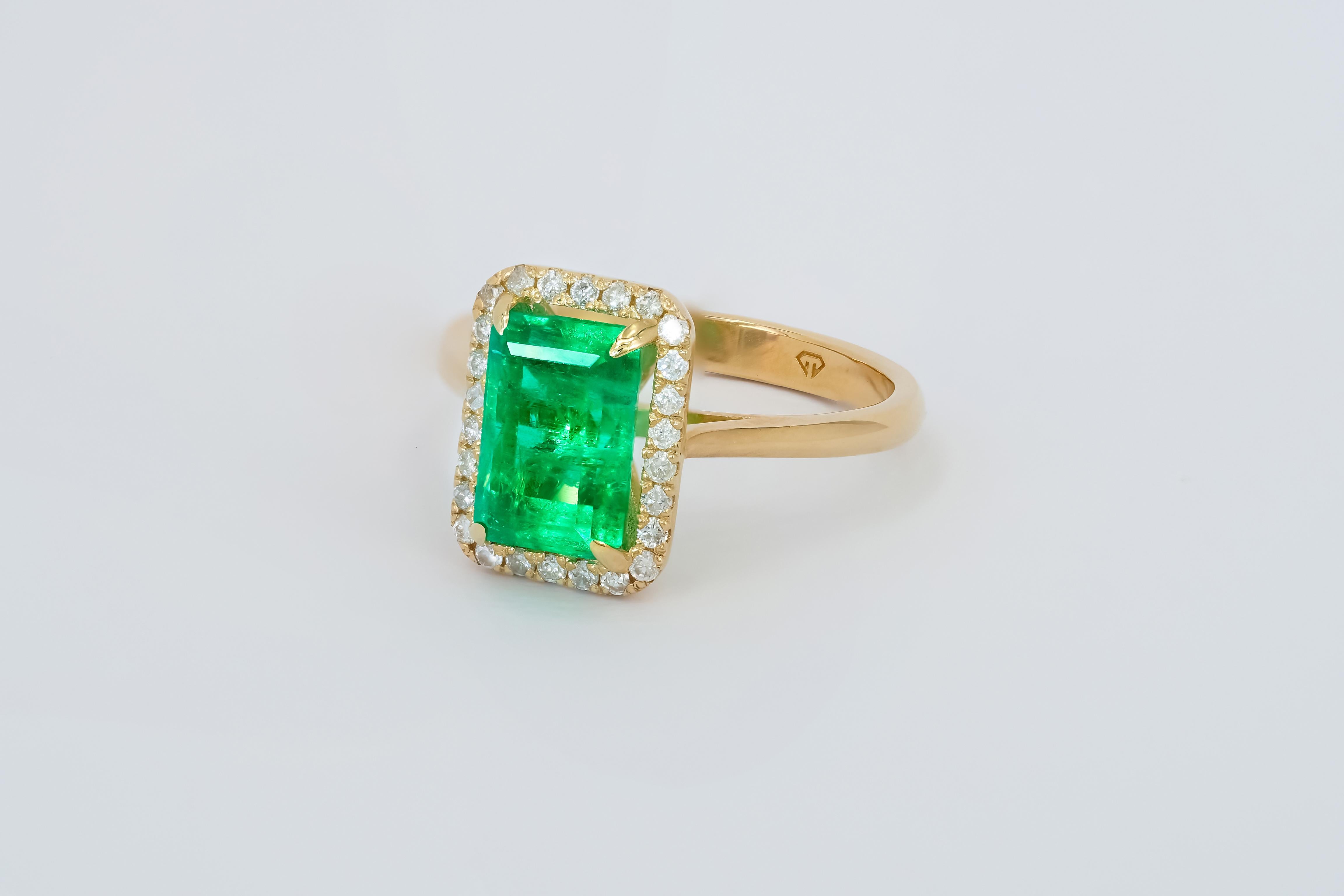 Octagon Cut Emerald and Diamonds 14k gold Ring For Sale