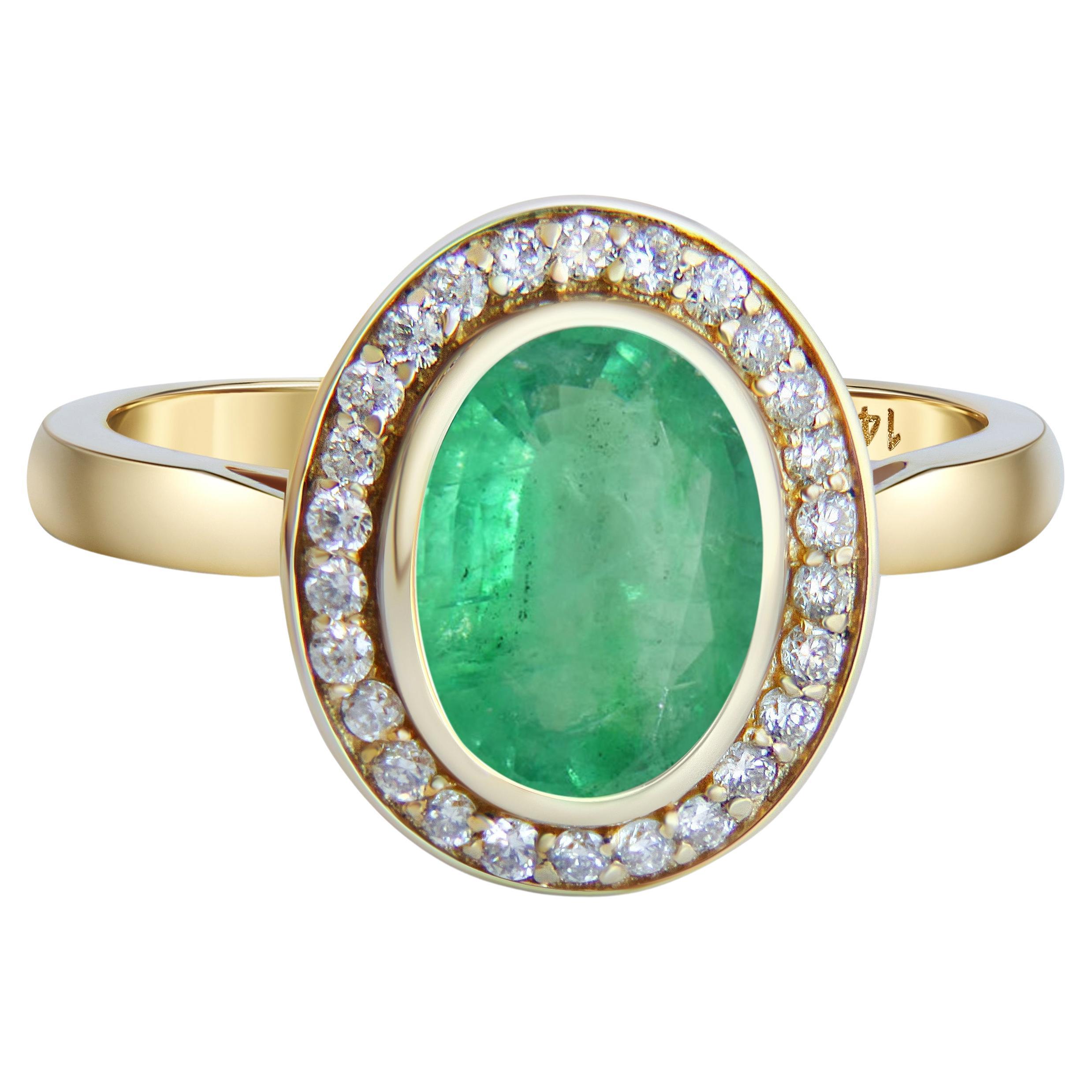 Emerald and diamonds 14k gold ring.  For Sale