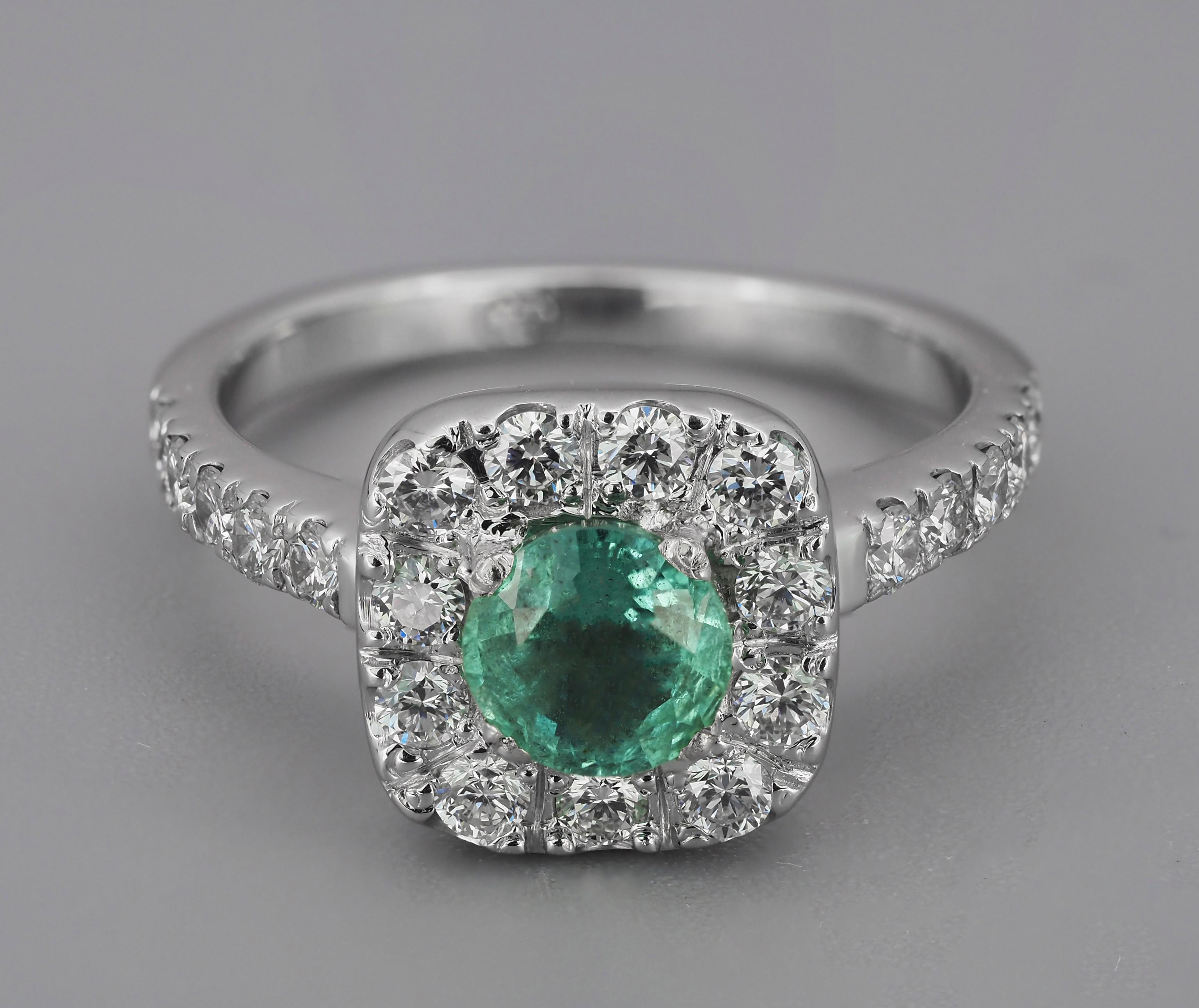 For Sale:  Emerald and Diamonds 14k Gold Ring, Vintage Style Emerald and Diamonds Ring 11