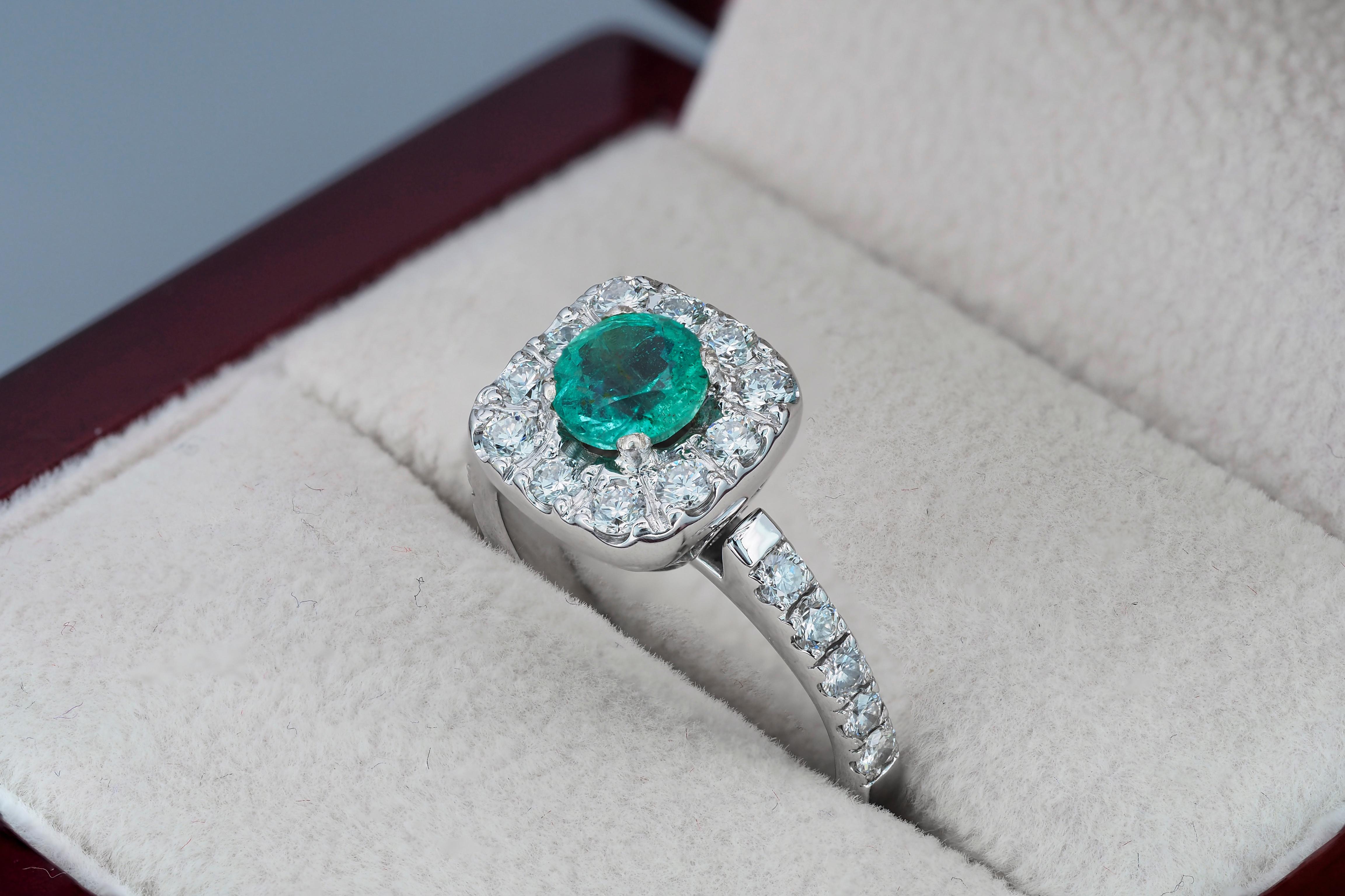 For Sale:  Emerald and Diamonds 14k Gold Ring, Vintage Style Emerald and Diamonds Ring 7