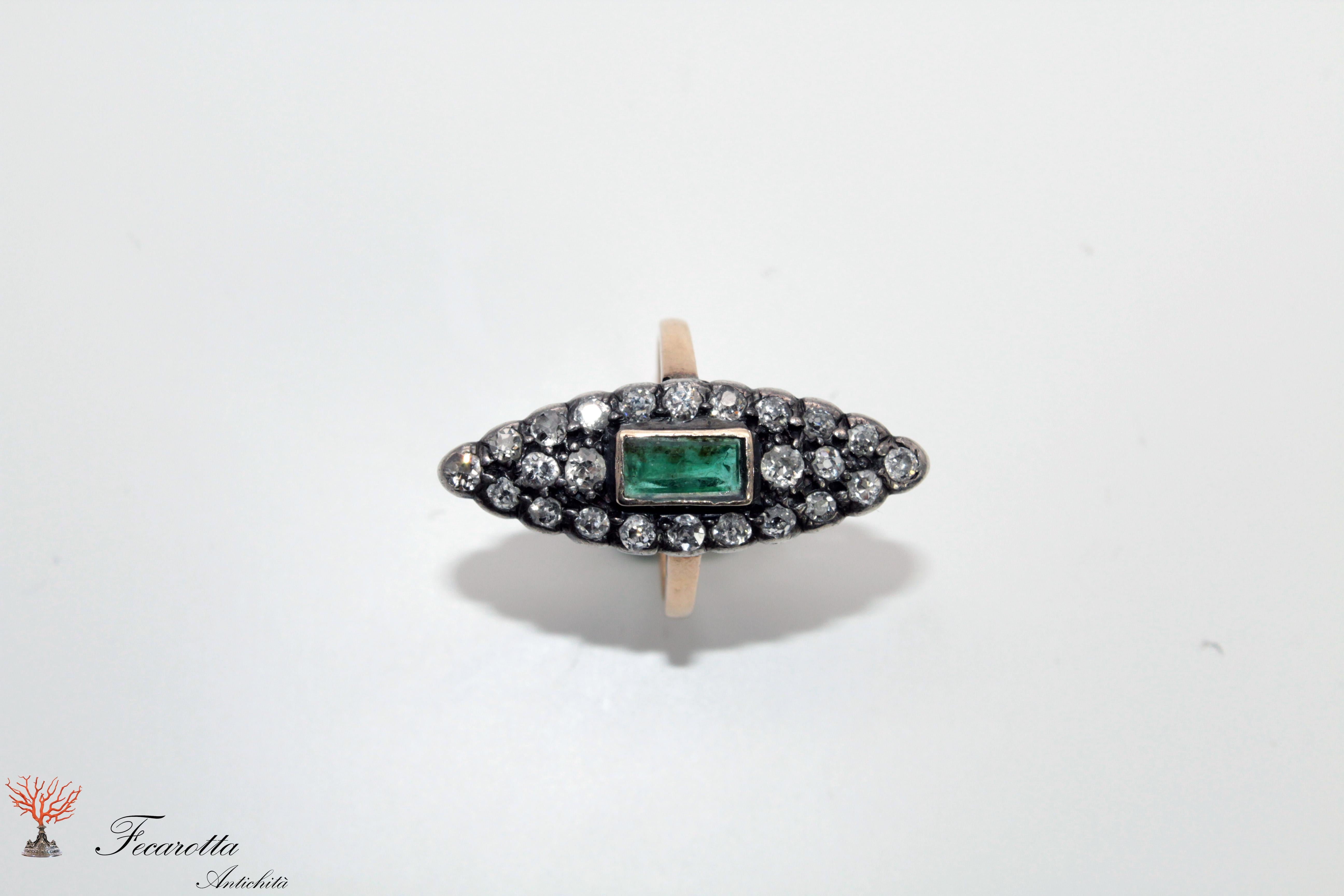 Gold and silver diamonds and central emerald ring handmade in Sicily
XIX century.