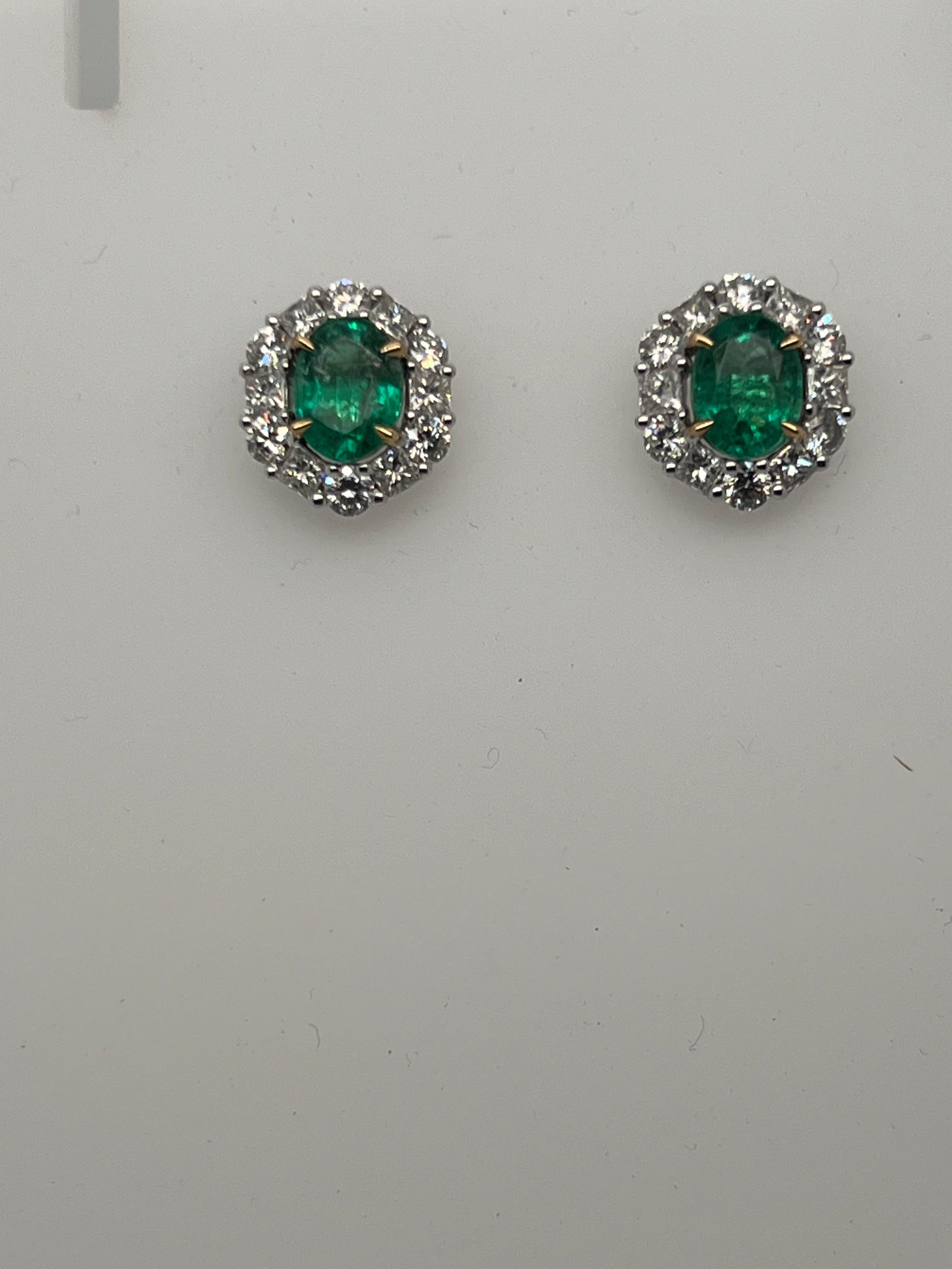 3.60 Carat Oval Cut Emerald and Diamond Two Tone Gold Stud Earrings 5