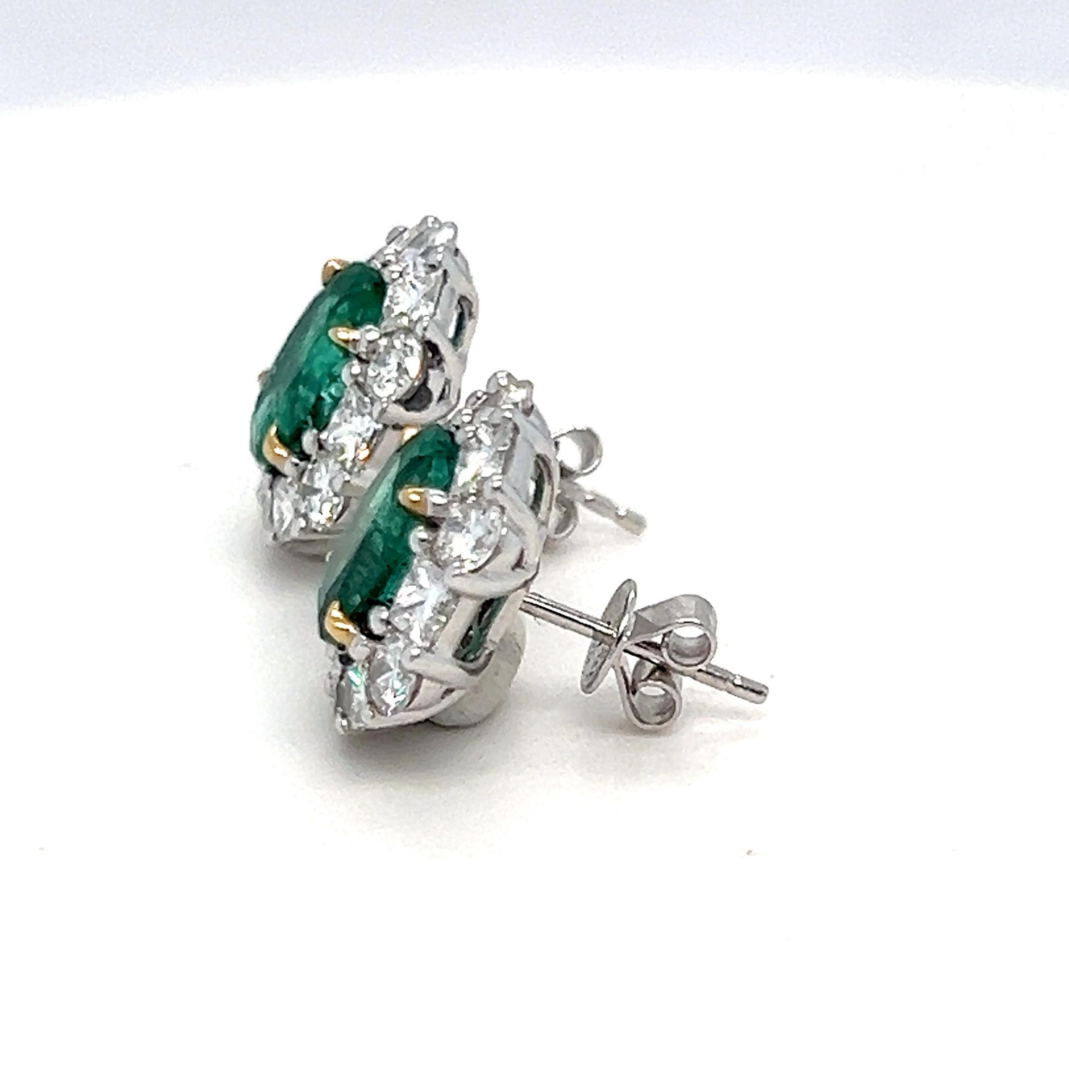 3.60 Carat Oval Cut Emerald and Diamond Two Tone Gold Stud Earrings 7
