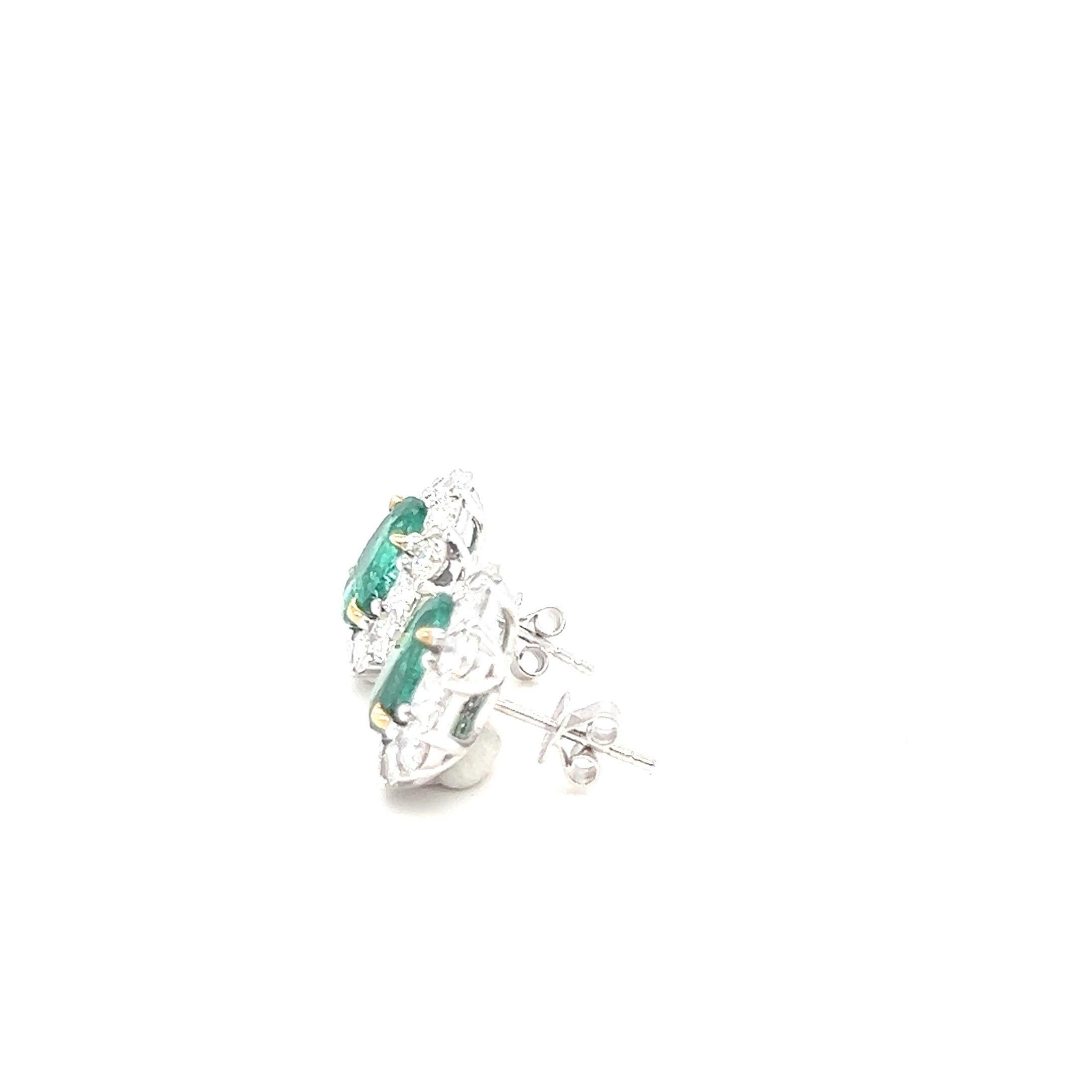 Artisan 3.60 Carat Oval Cut Emerald and Diamond Two Tone Gold Stud Earrings