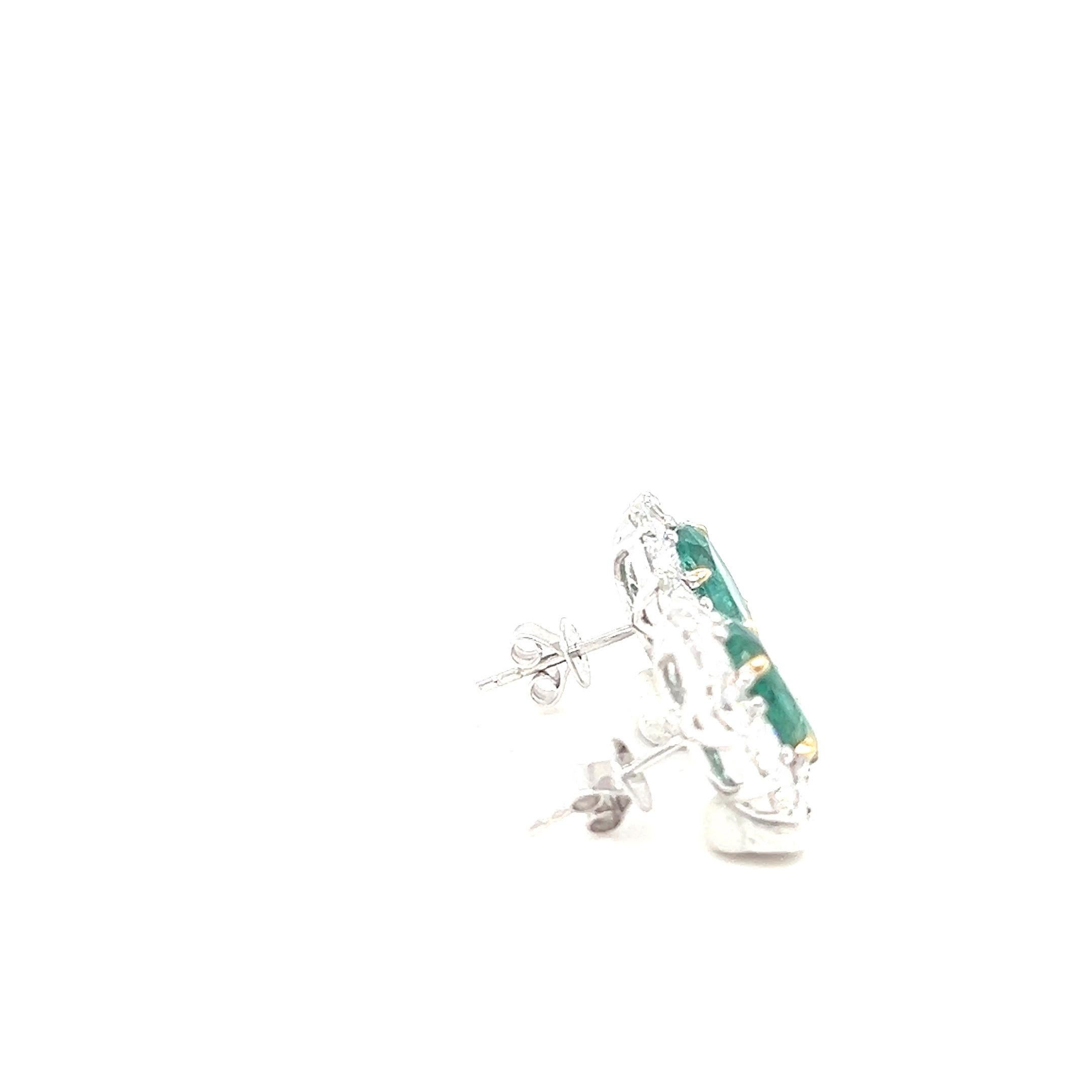 Emerald Cut 3.60 Carat Oval Cut Emerald and Diamond Two Tone Gold Stud Earrings