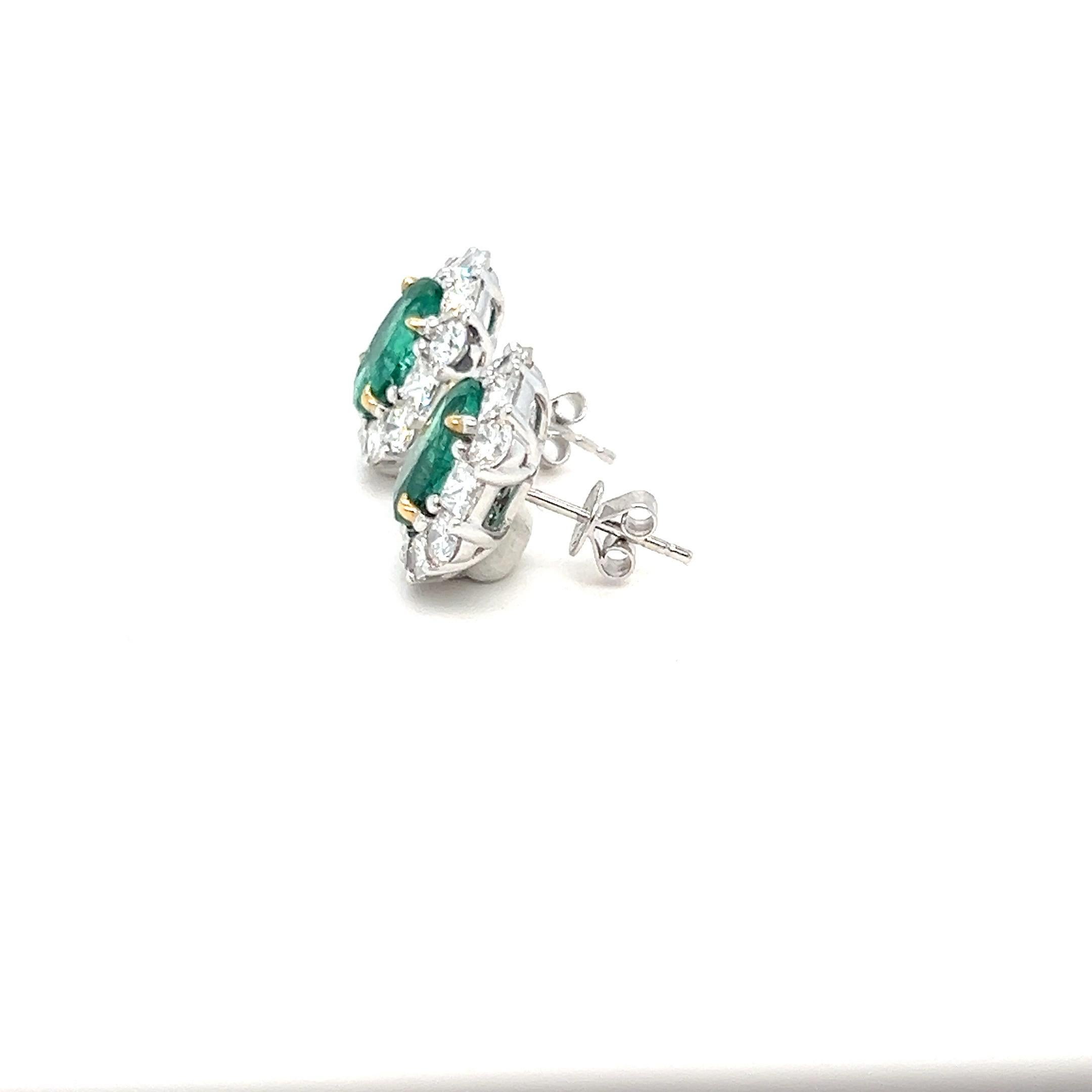 3.60 Carat Oval Cut Emerald and Diamond Two Tone Gold Stud Earrings In New Condition In Trumbull, CT