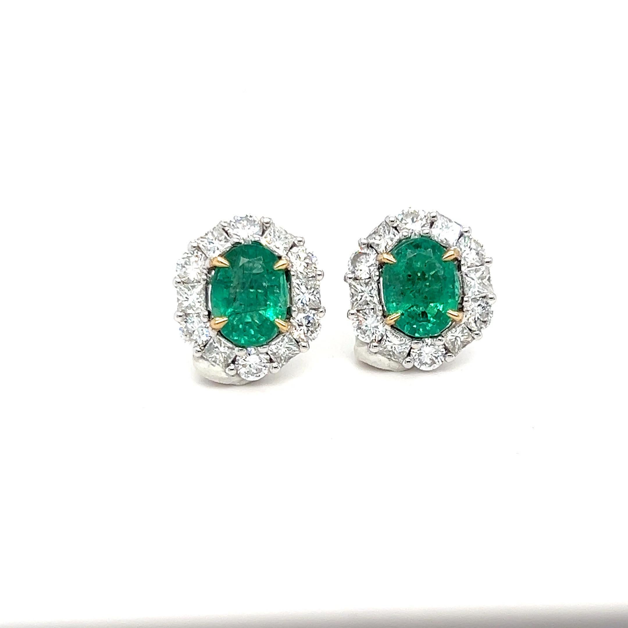 Women's 3.60 Carat Oval Cut Emerald and Diamond Two Tone Gold Stud Earrings