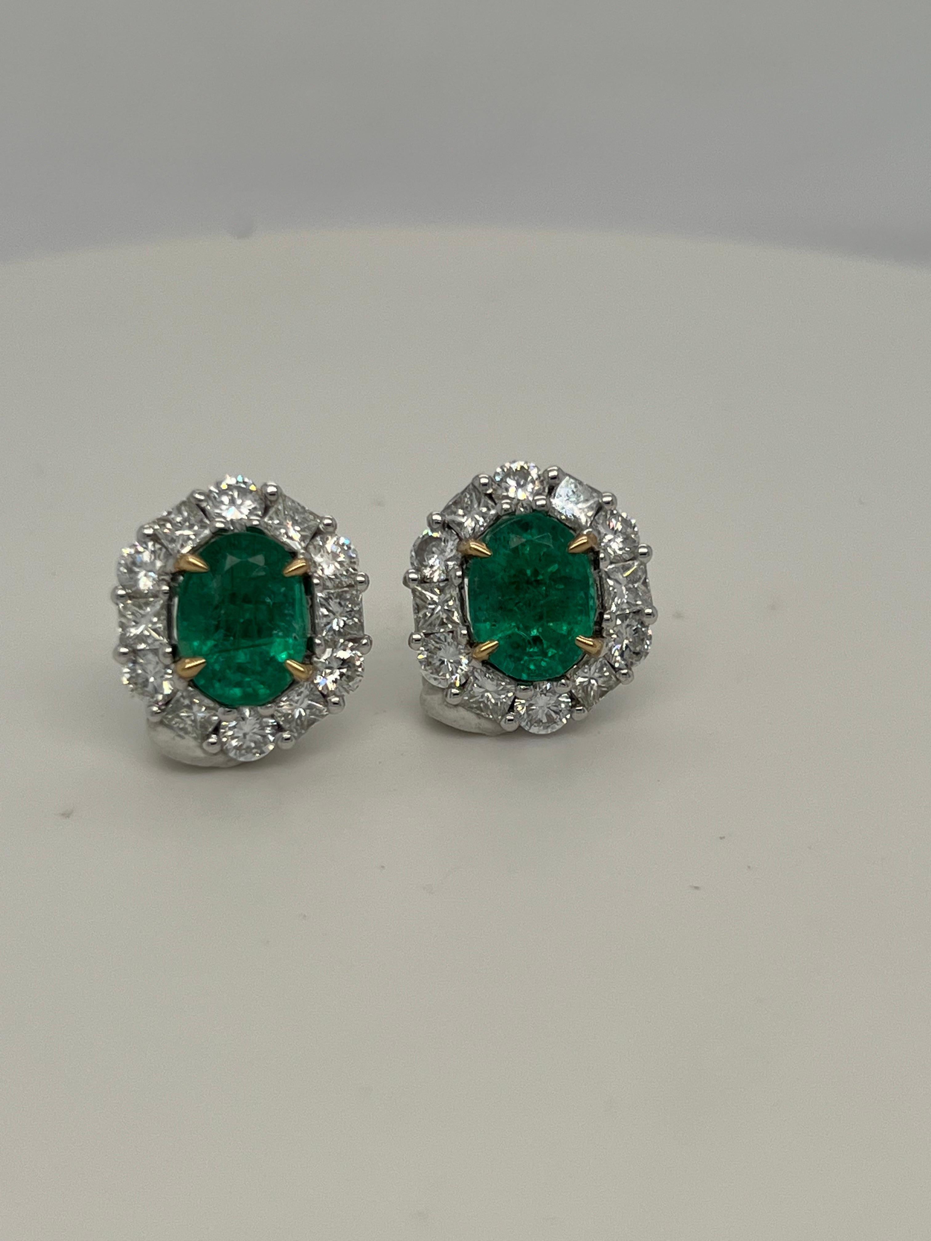 3.60 Carat Oval Cut Emerald and Diamond Two Tone Gold Stud Earrings 2