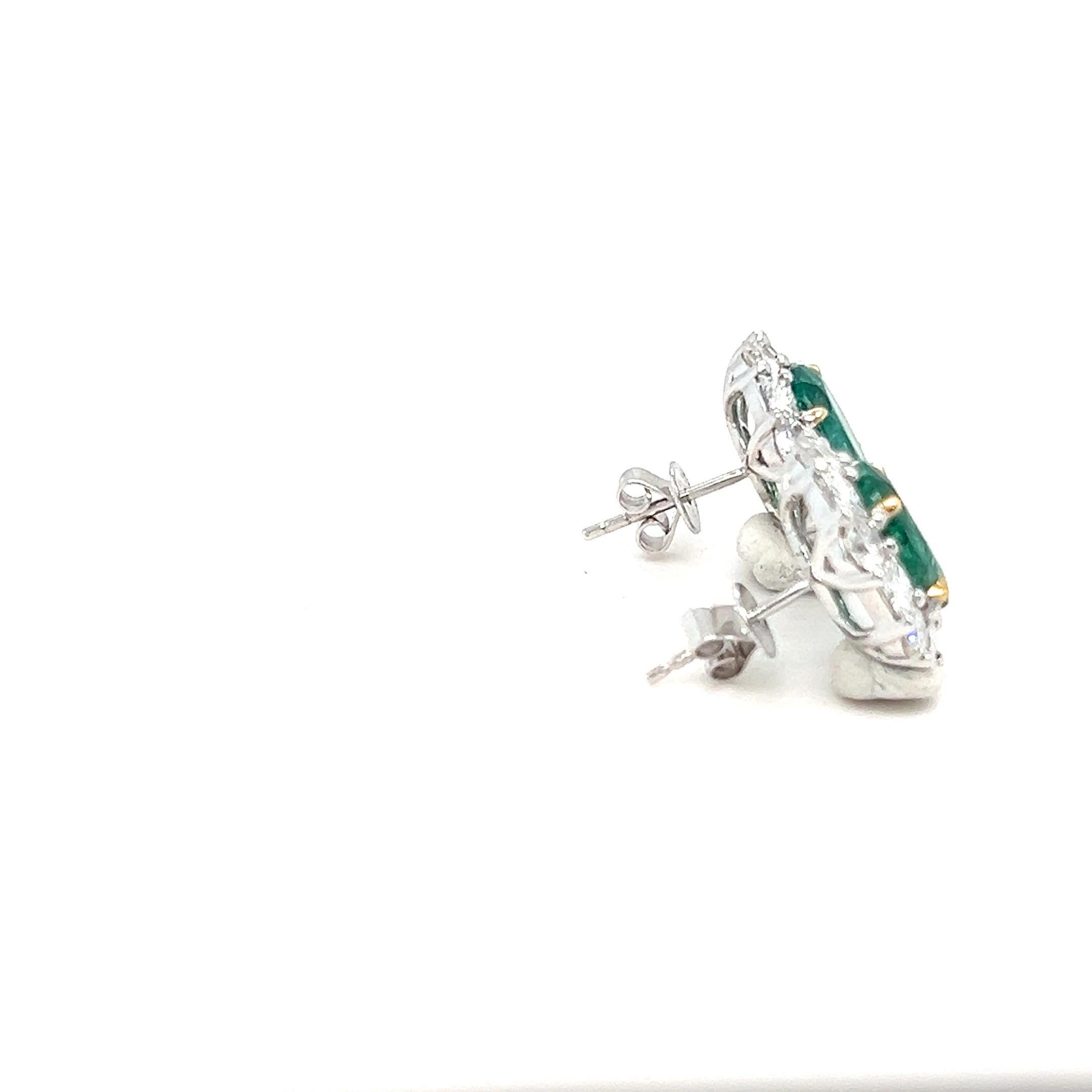 3.60 Carat Oval Cut Emerald and Diamond Two Tone Gold Stud Earrings 3
