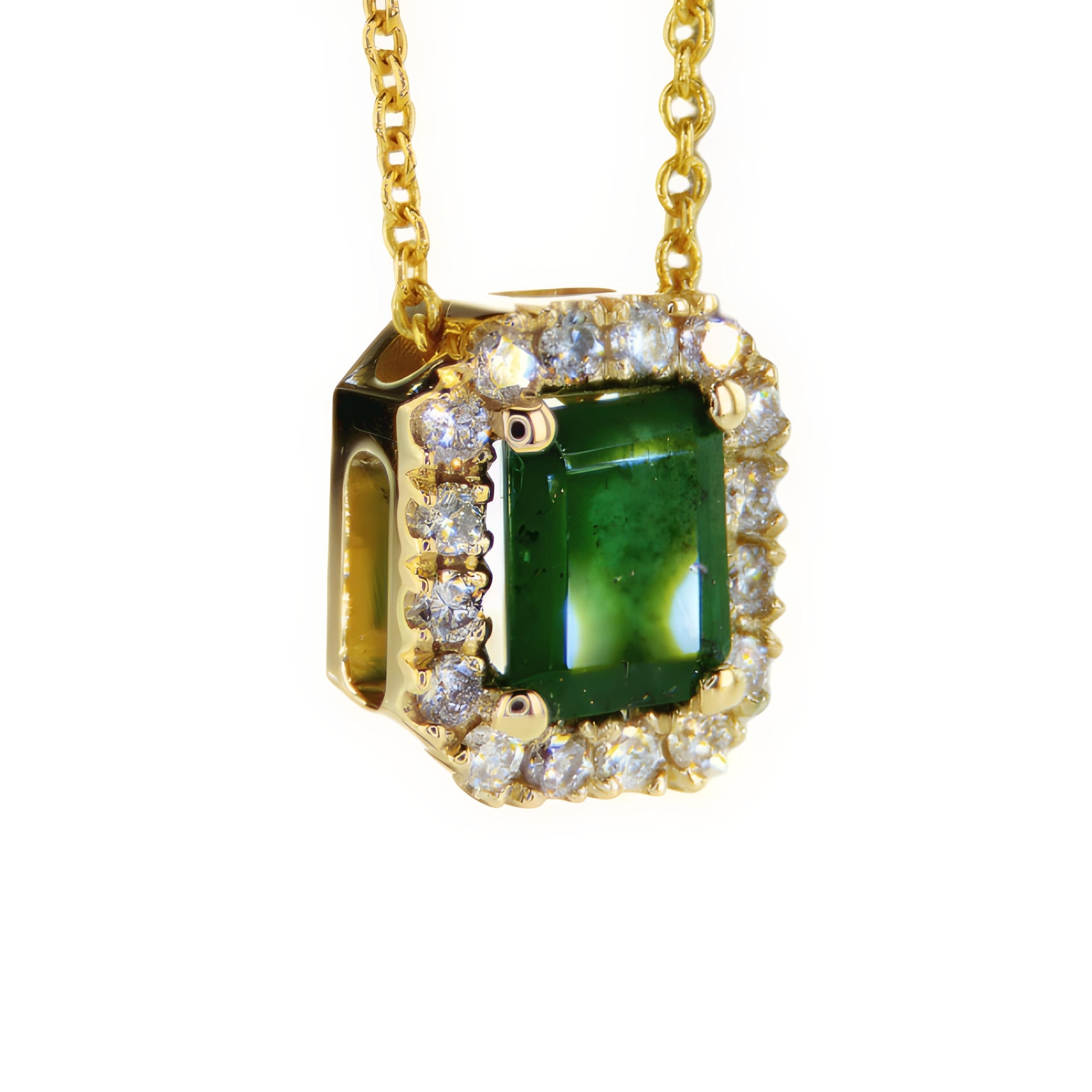 Emerald Cut Emerald And diamonds Halo Necklace For Sale