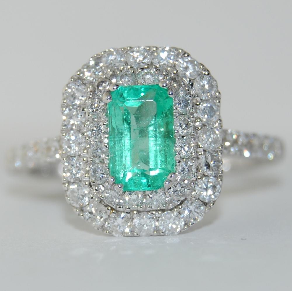 Emerald Cut Emerald and Diamonds Ladies Ring, 18 Karat White Gold For Sale