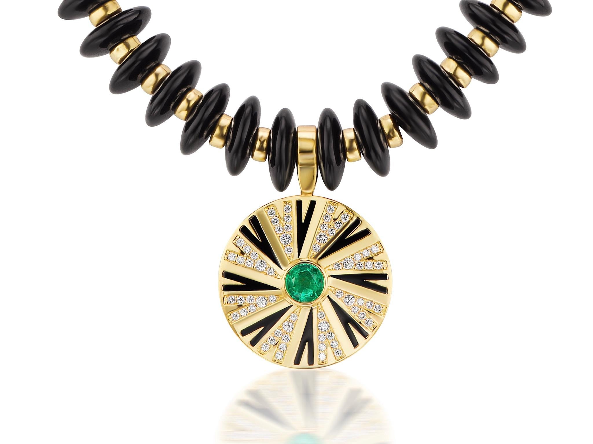 Round Cut Emerald and Diamonds Pendant on Onyx and Gold Necklace