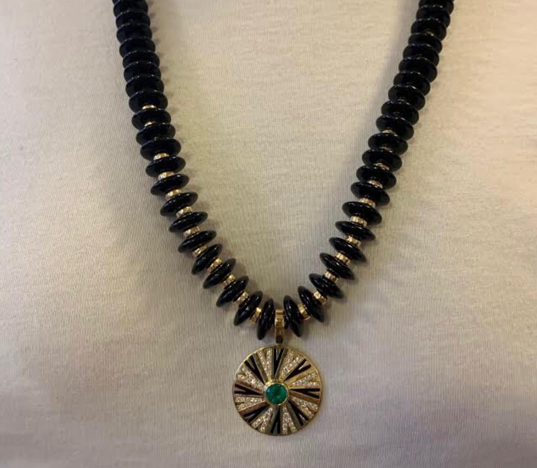 Women's or Men's Emerald and Diamonds Pendant on Onyx and Gold Necklace