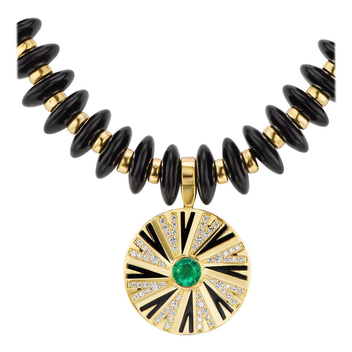 Emerald and Diamonds Pendant on Onyx and Gold Necklace