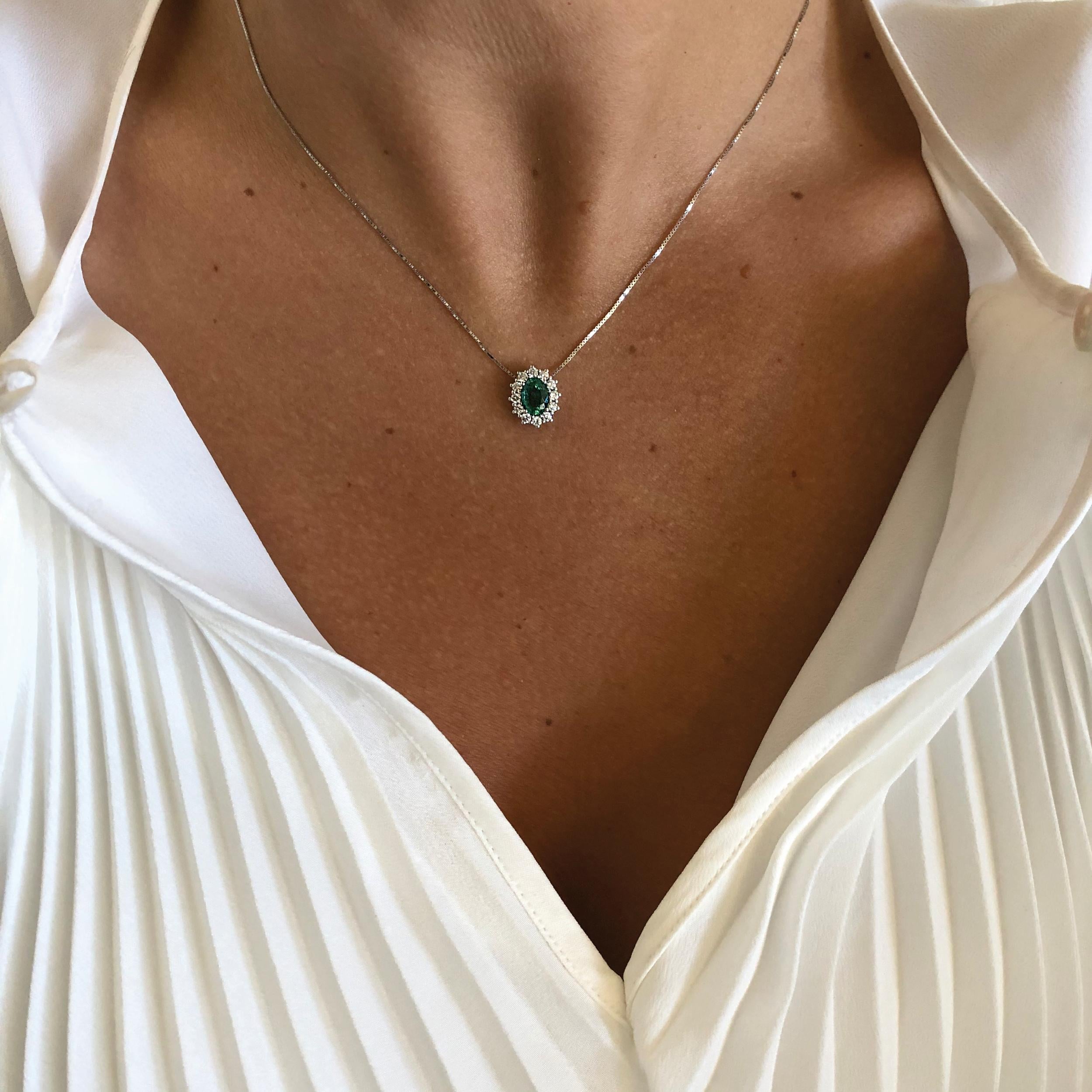 Artisan 0.76 Carat Emerald and 0.36 Carat Diamonds in 18Kt White Gold Pendant Necklace